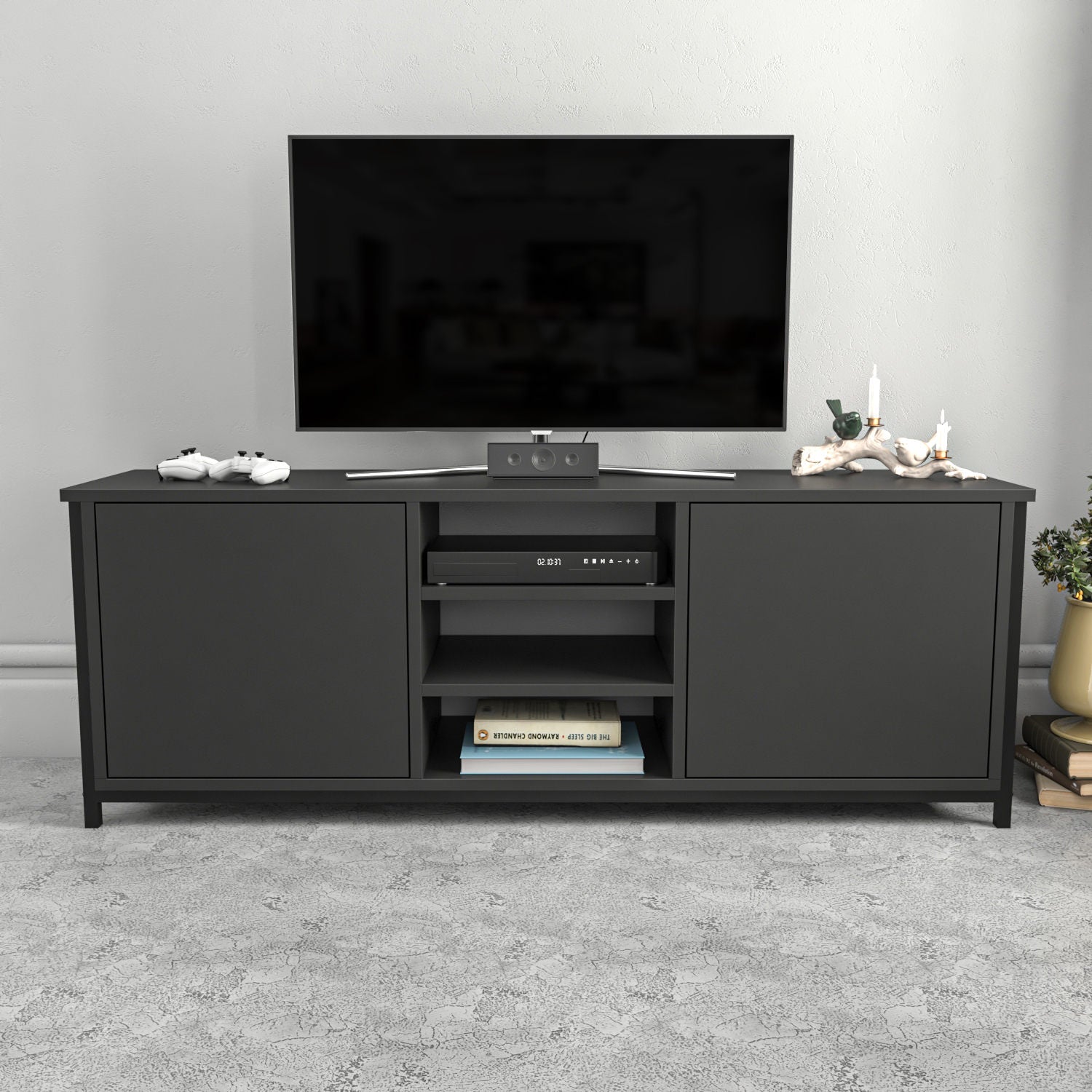 Móvel de TV industrial, preto e antracite, 140 x 35,3 x 50,8 cm | Painel de partículas 100% revestido de melamina, 18 mm de espessura | Elegante e durável para salas de estar modernas