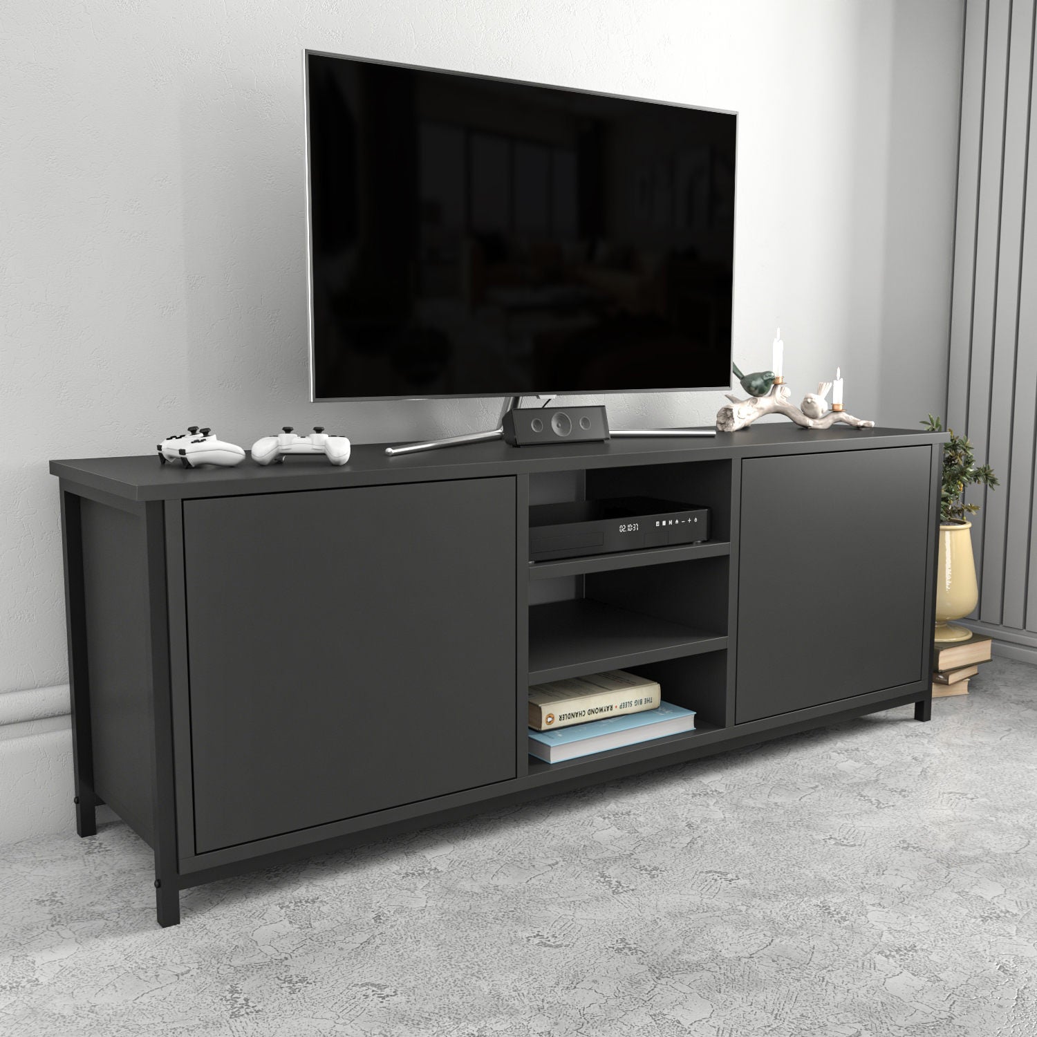 Móvel de TV industrial, preto e antracite, 140 x 35,3 x 50,8 cm | Painel de partículas 100% revestido de melamina, 18 mm de espessura | Elegante e durável para salas de estar modernas