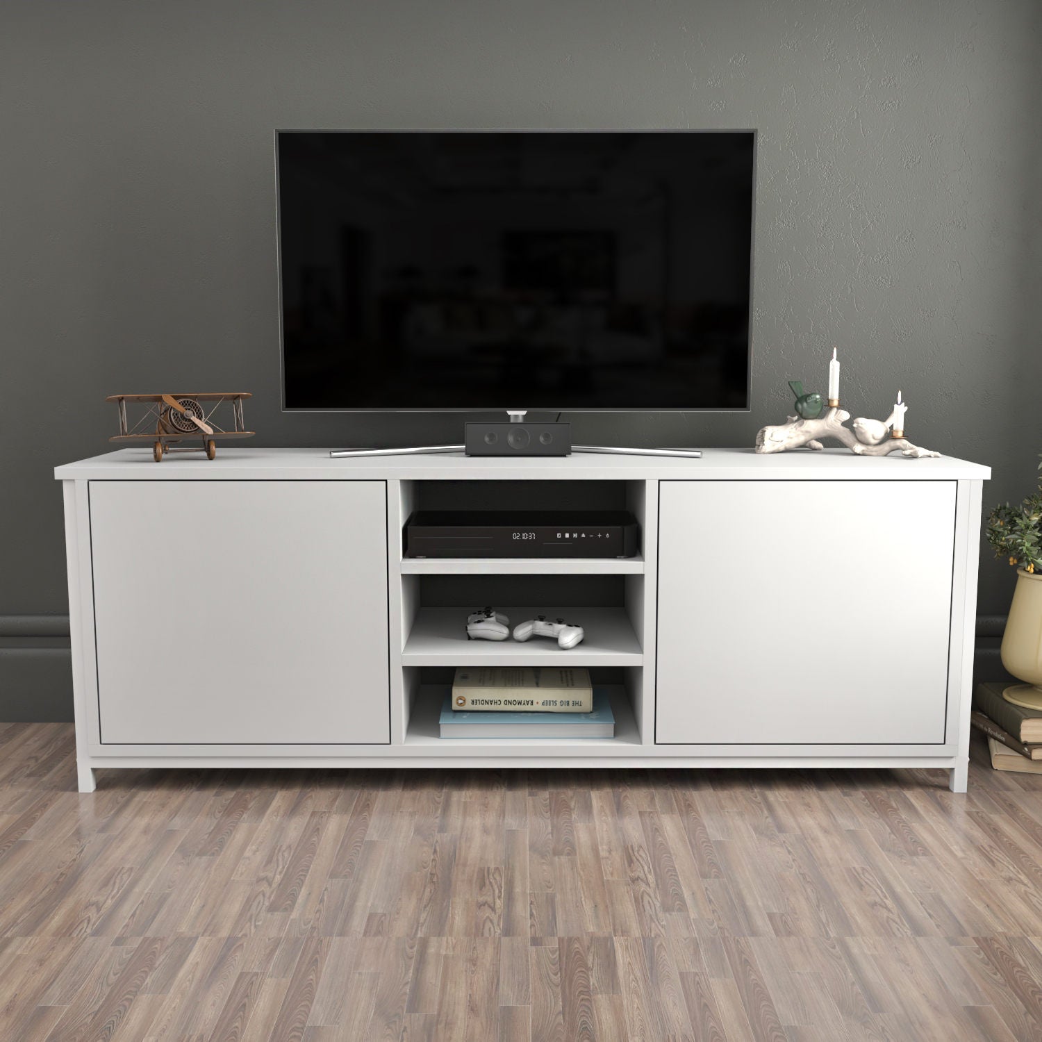 Móvel de TV escandinavo, branco, 140 x 35,3 x 50,8 cm | Painel de partículas 100% revestido de melamina, 18 mm de espessura | Elegante e funcional para salas de estar modernas
