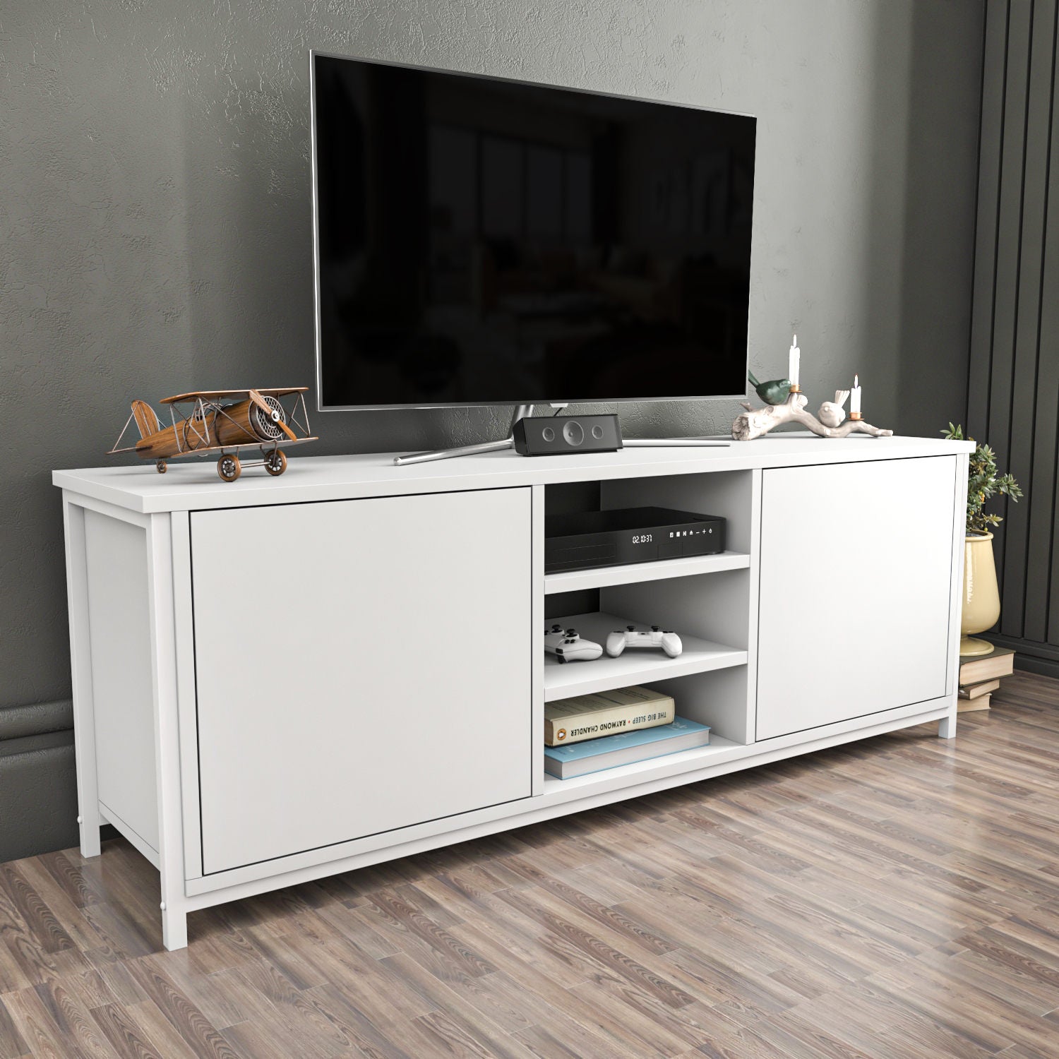 Móvel de TV escandinavo, branco, 140 x 35,3 x 50,8 cm | Painel de partículas 100% revestido de melamina, 18 mm de espessura | Elegante e funcional para salas de estar modernas