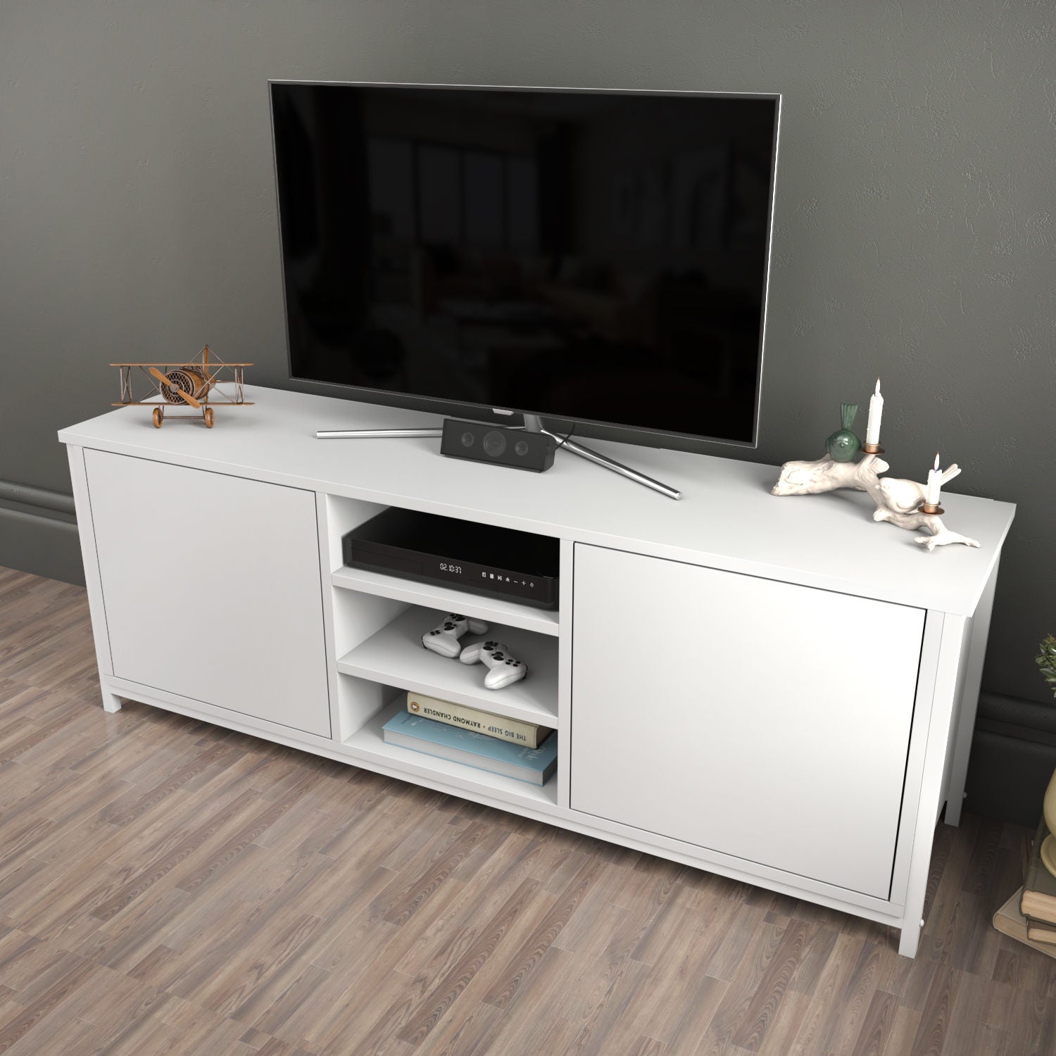 Móvel de TV escandinavo, branco, 140 x 35,3 x 50,8 cm | Painel de partículas 100% revestido de melamina, 18 mm de espessura | Elegante e funcional para salas de estar modernas