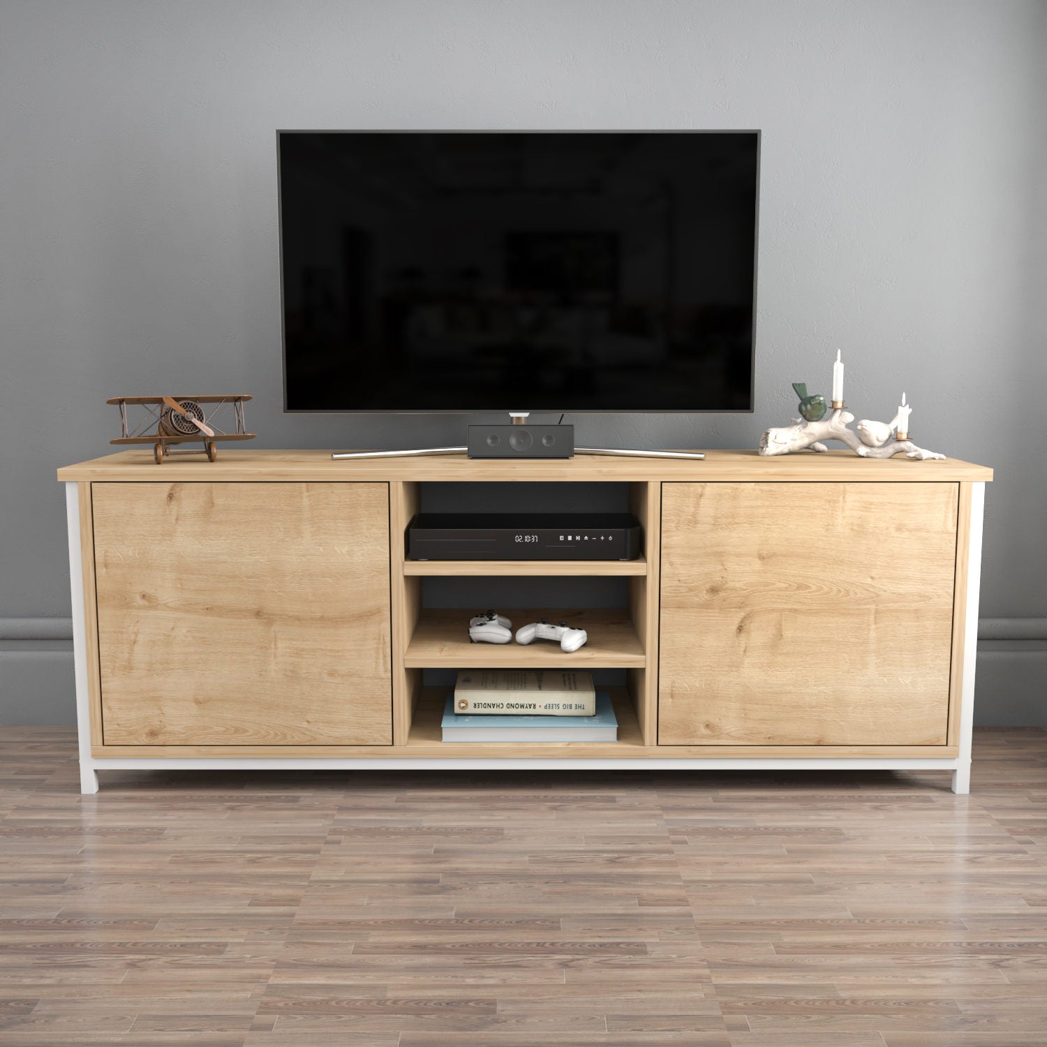 Móvel de TV escandinavo, branco e carvalho, 140 x 35,3 x 50,8 cm | Painel de partículas 100% revestido de melamina, 18 mm de espessura | Elegante e funcional para salas de estar modernas