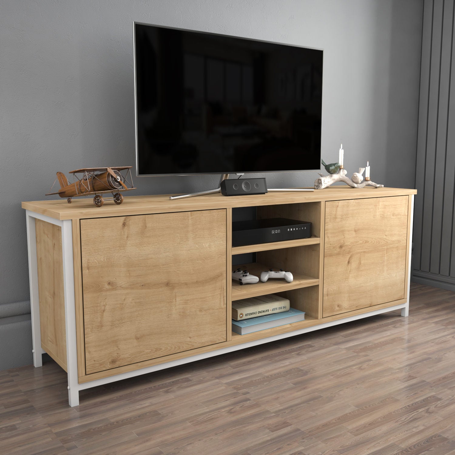 Móvel de TV escandinavo, branco e carvalho, 140 x 35,3 x 50,8 cm | Painel de partículas 100% revestido de melamina, 18 mm de espessura | Elegante e funcional para salas de estar modernas