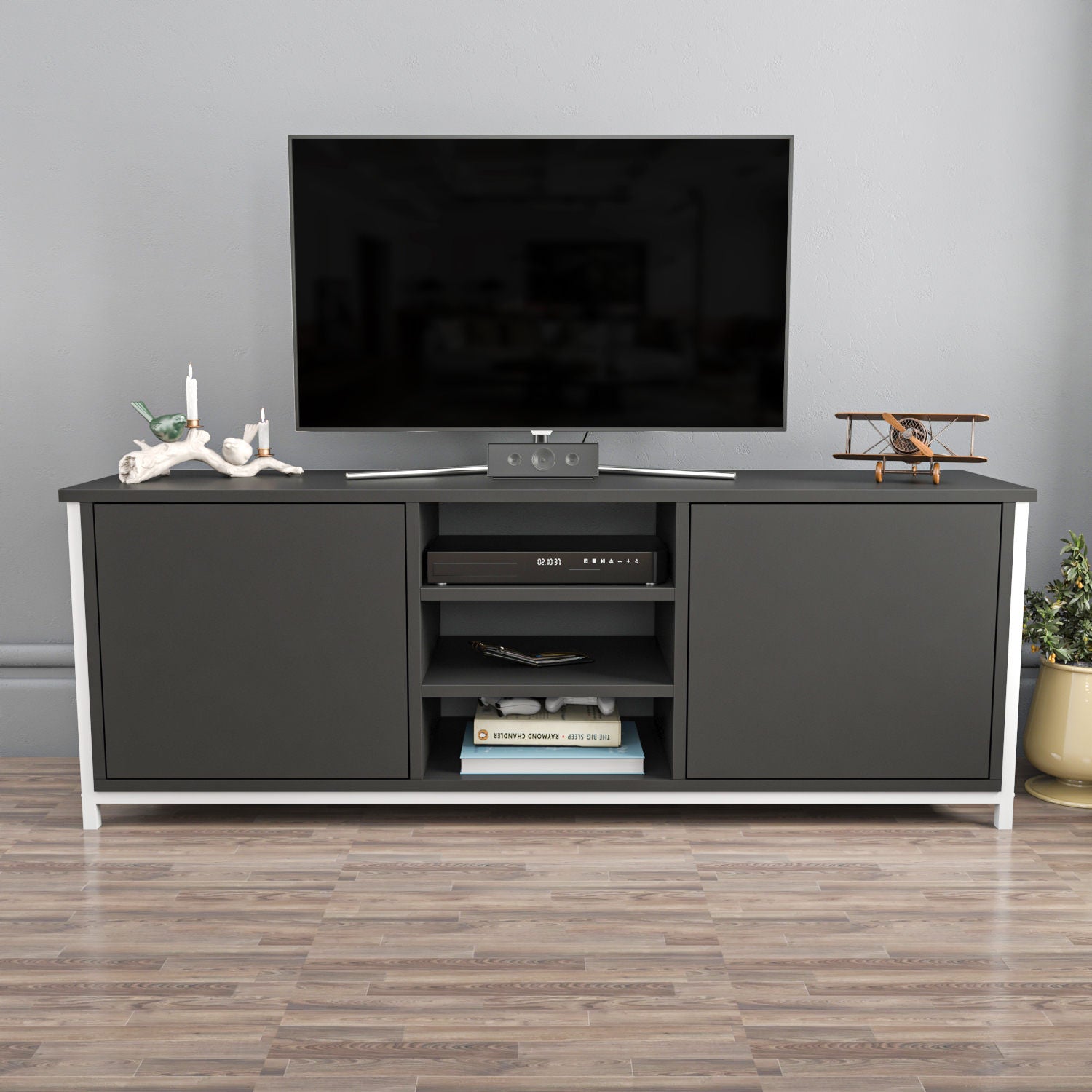 Móvel de TV elegante, branco e antracite, 140 x 35,3 x 50,8 cm | Painel de partículas 100% revestido de melamina, 18 mm de espessura | Design moderno para salas de estar e espaços de entretenimento