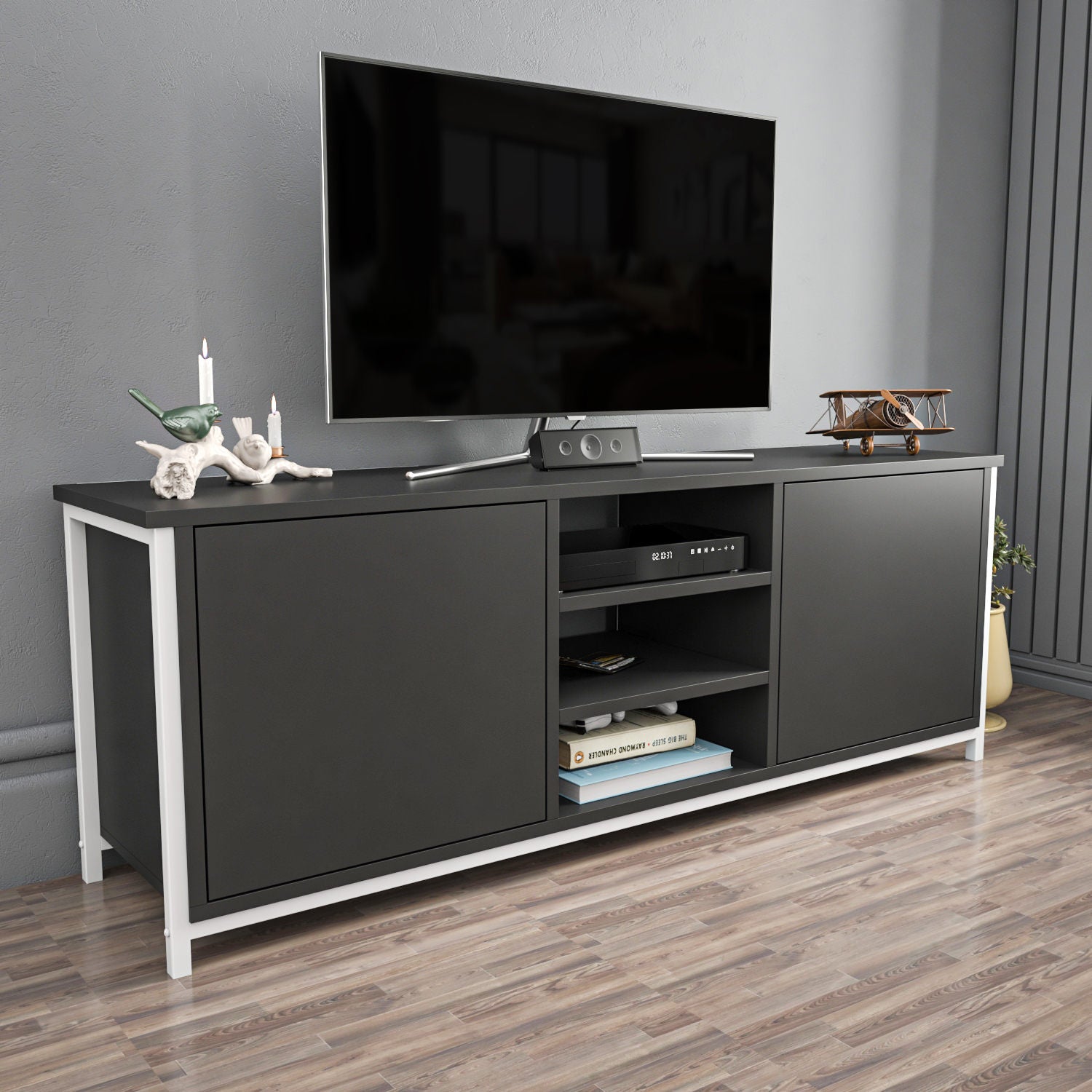 Móvel de TV elegante, branco e antracite, 140 x 35,3 x 50,8 cm | Painel de partículas 100% revestido de melamina, 18 mm de espessura | Design moderno para salas de estar e espaços de entretenimento