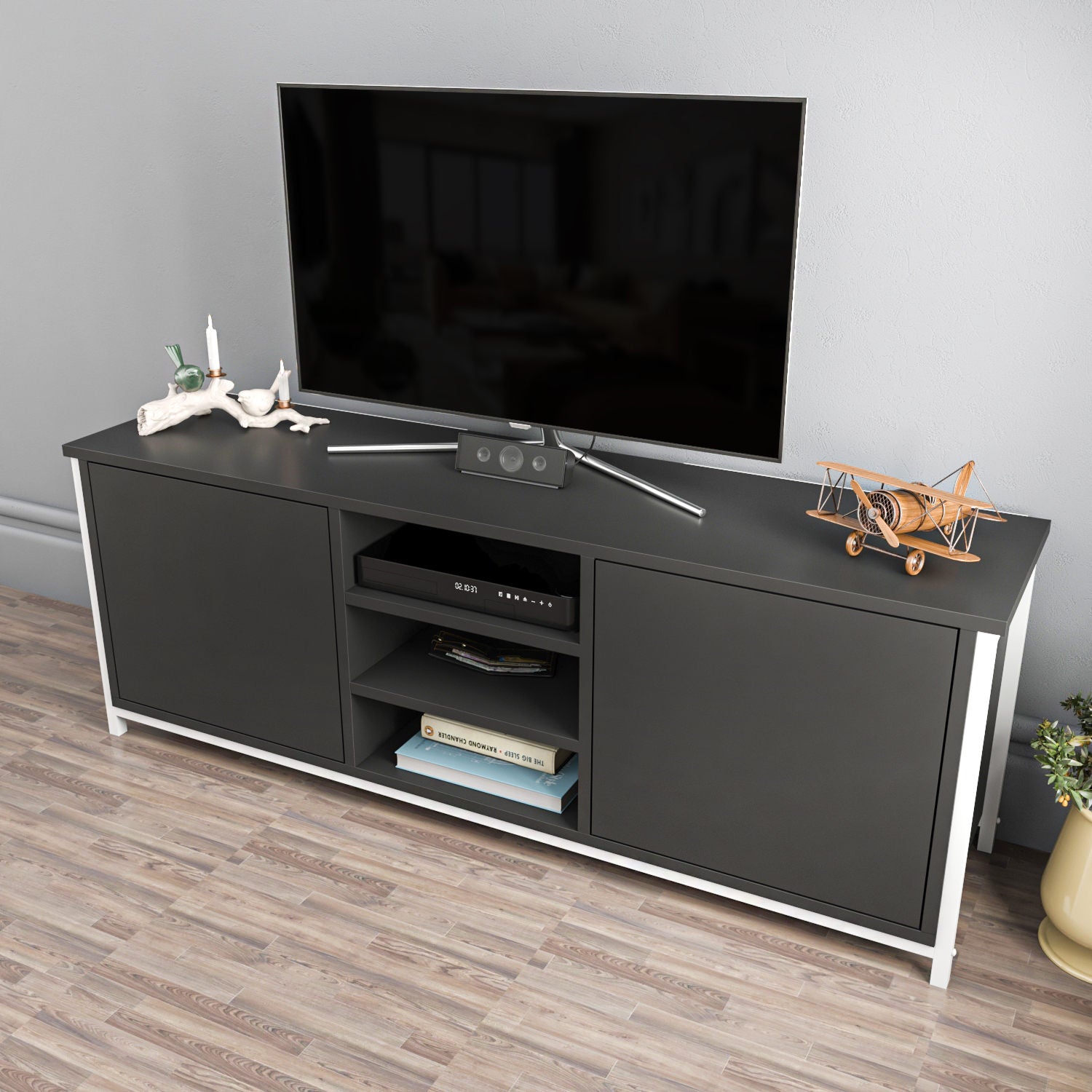 Móvel de TV elegante, branco e antracite, 140 x 35,3 x 50,8 cm | Painel de partículas 100% revestido de melamina, 18 mm de espessura | Design moderno para salas de estar e espaços de entretenimento