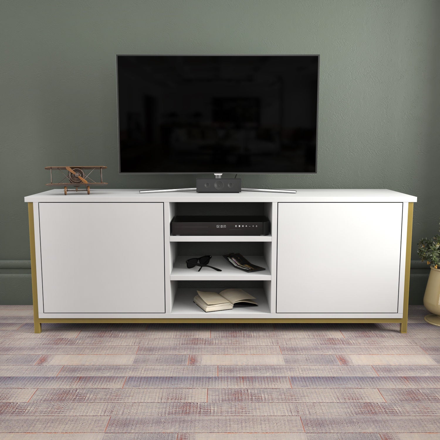 Móvel de TV Glamouroso, Dourado e Branco, 140 x 35,3 x 50,8 cm | Painel de partículas 100% revestido em melamina, 18 mm de espessura | Elegante e funcional para salas de estar modernas