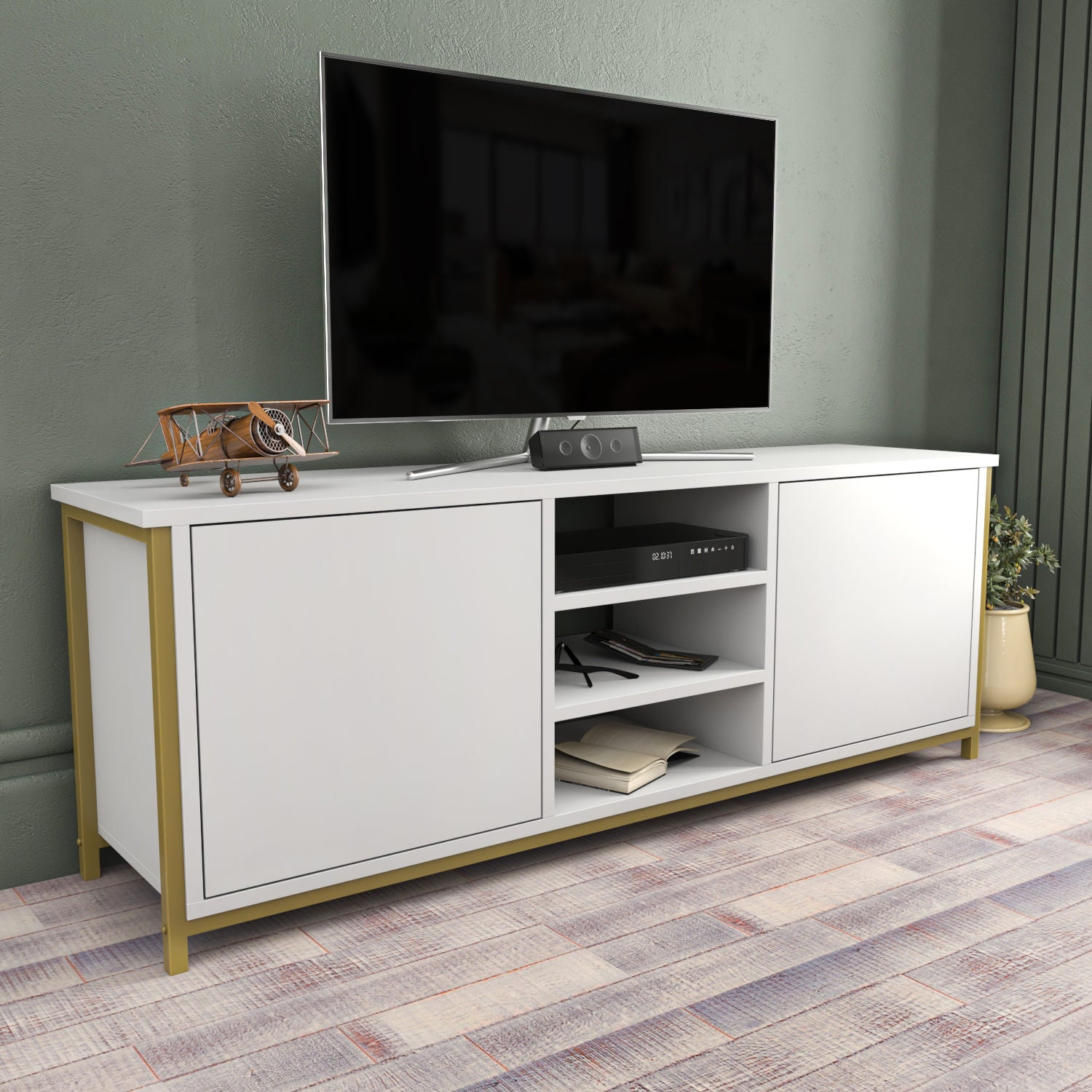 Móvel de TV Glamouroso, Dourado e Branco, 140 x 35,3 x 50,8 cm | Painel de partículas 100% revestido em melamina, 18 mm de espessura | Elegante e funcional para salas de estar modernas
