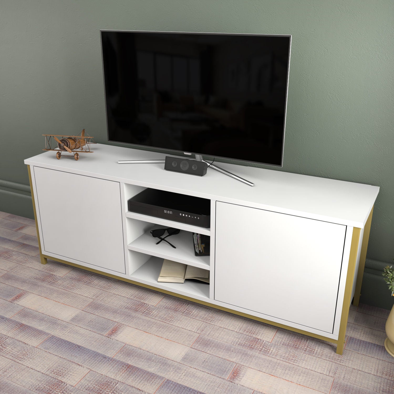 Móvel de TV Glamouroso, Dourado e Branco, 140 x 35,3 x 50,8 cm | Painel de partículas 100% revestido em melamina, 18 mm de espessura | Elegante e funcional para salas de estar modernas