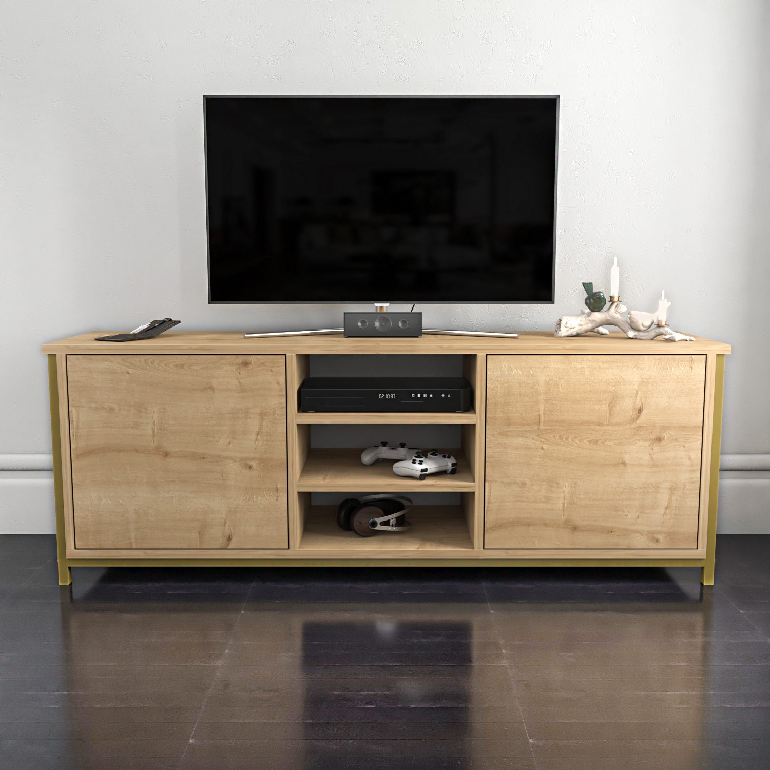 Móvel de TV Glamouroso, Dourado e Carvalho, 140 x 35,3 x 50,8 cm | Painel de partículas 100% revestido em melamina, 18 mm de espessura | Elegante e funcional para salas de estar modernas