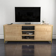 Móvel de TV Glamouroso, Dourado e Carvalho, 140 x 35,3 x 50,8 cm | Painel de partículas 100% revestido em melamina, 18 mm de espessura | Elegante e funcional para salas de estar modernas