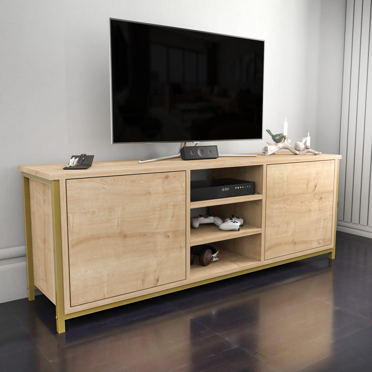 Móvel de TV Glamouroso, Dourado e Carvalho, 140 x 35,3 x 50,8 cm | Painel de partículas 100% revestido em melamina, 18 mm de espessura | Elegante e funcional para salas de estar modernas