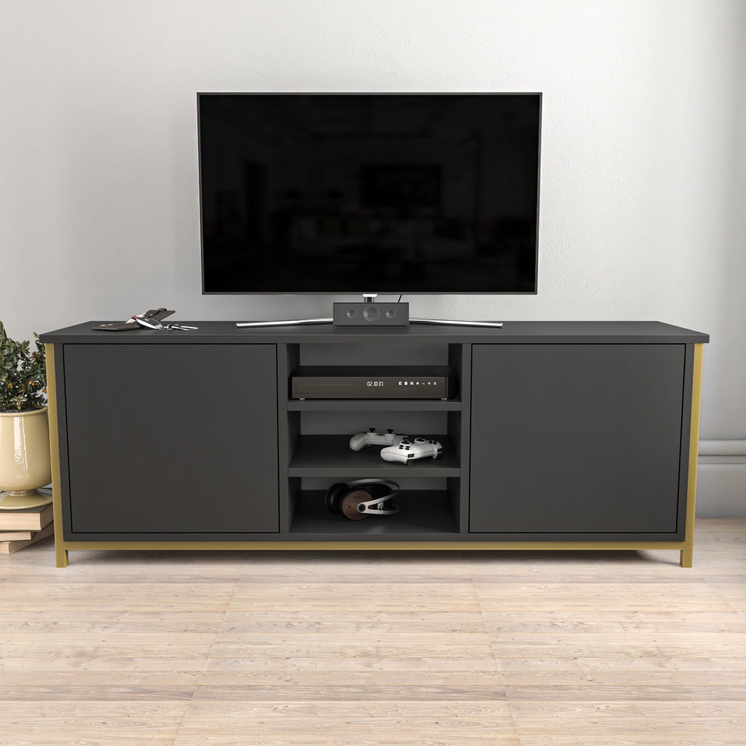 Móvel de TV Glamouroso, Dourado e Antracite, 140 x 35,3 x 50,8 cm | Painel de partículas 100% revestido em melamina, 18 mm de espessura | Elegante e funcional para salas de estar modernas