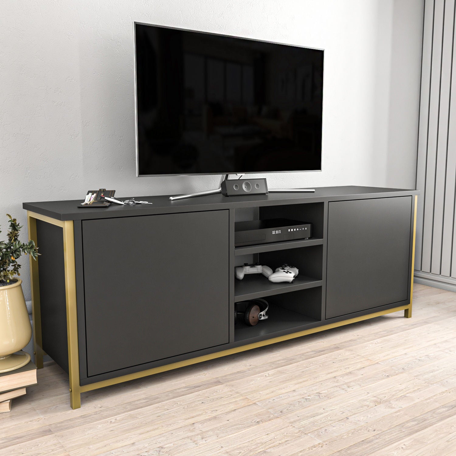 Móvel de TV Glamouroso, Dourado e Antracite, 140 x 35,3 x 50,8 cm | Painel de partículas 100% revestido em melamina, 18 mm de espessura | Elegante e funcional para salas de estar modernas