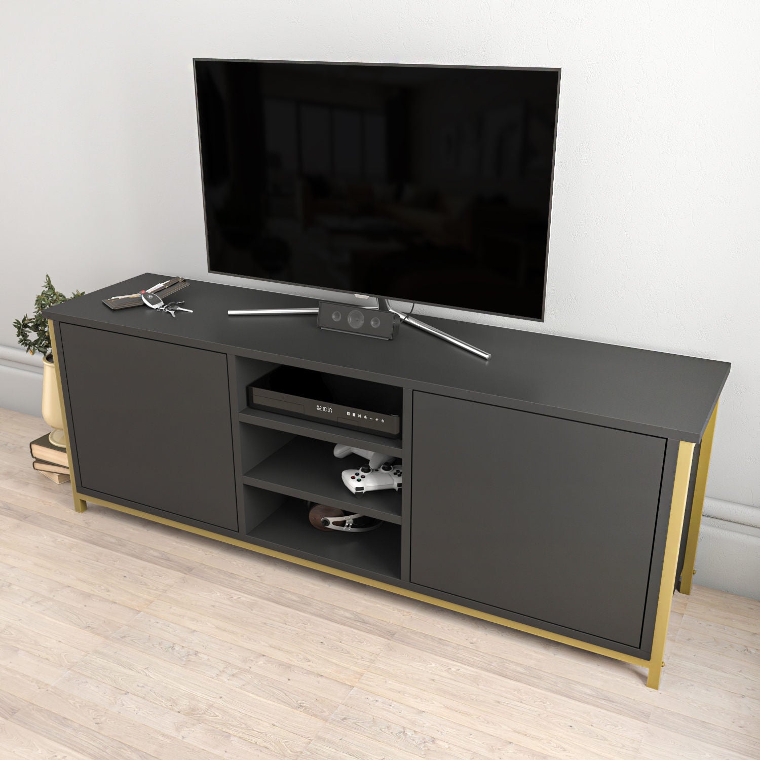 Móvel de TV Glamouroso, Dourado e Antracite, 140 x 35,3 x 50,8 cm | Painel de partículas 100% revestido em melamina, 18 mm de espessura | Elegante e funcional para salas de estar modernas