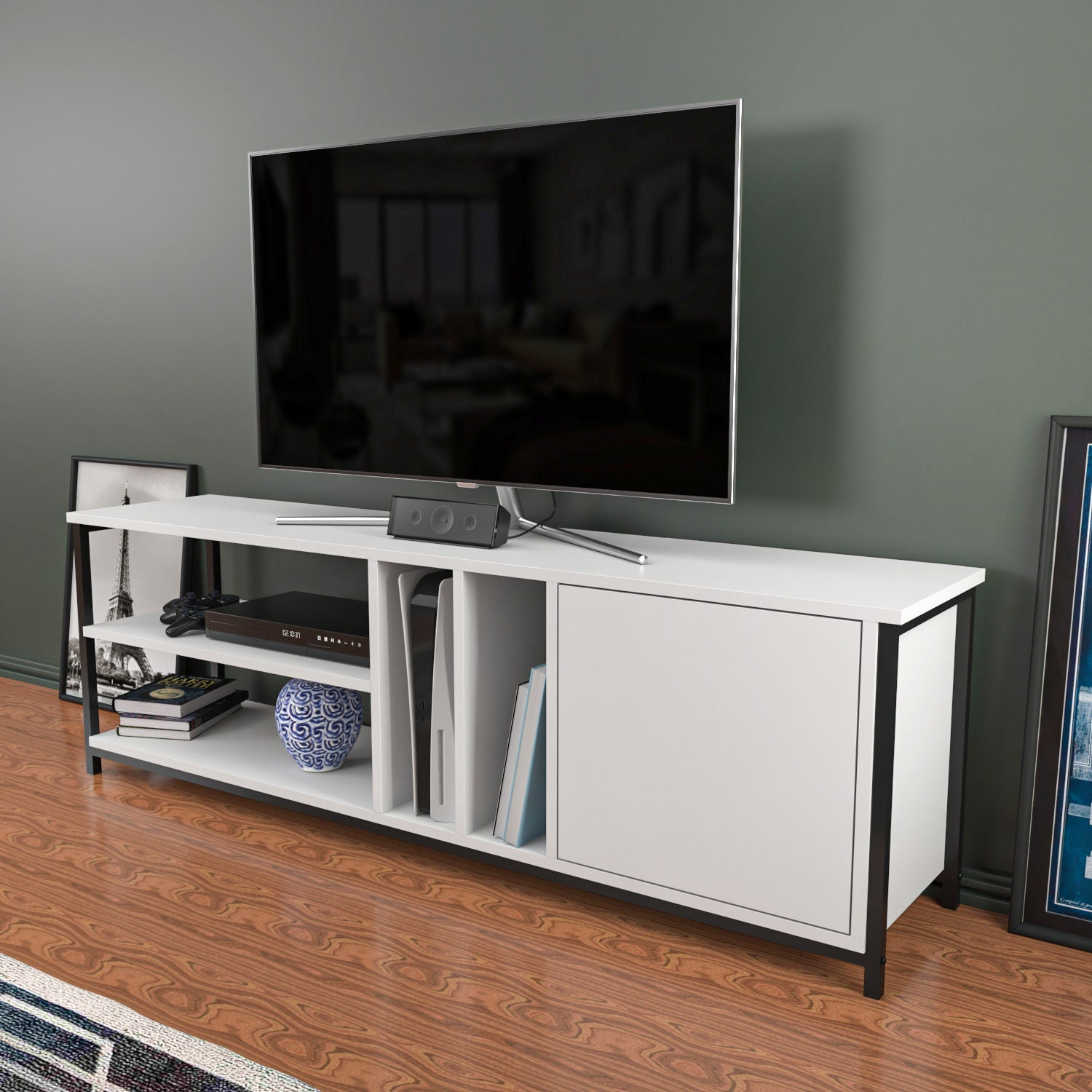 Móvel de TV elegante, preto e branco, 140 cm x 35,3 cm x 50,8 cm | Painel de partículas 100% revestido de melamina, 18 mm de espessura | Design moderno para salas de estar e espaços de entretenimento