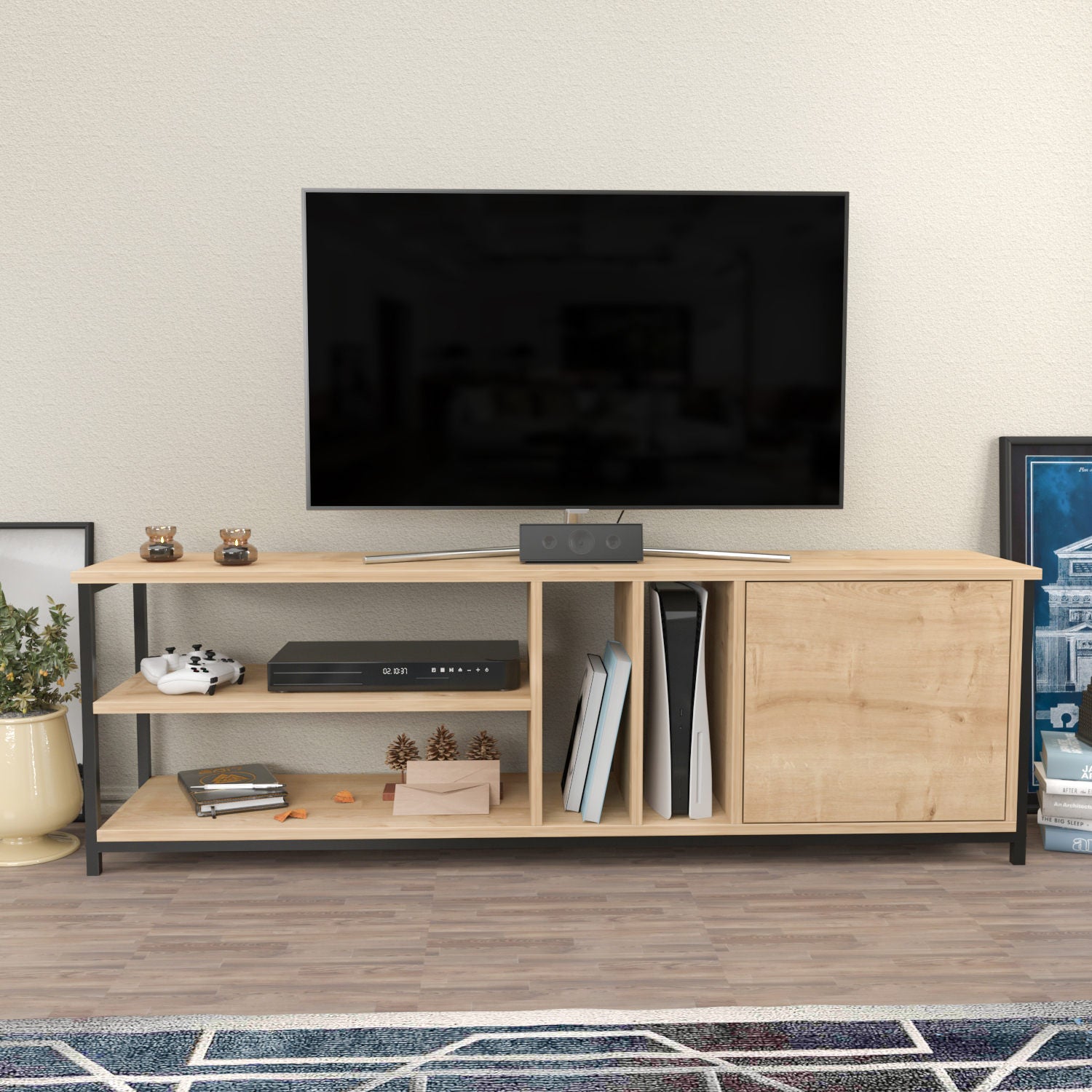 Móvel de TV industrial, preto e carvalho, 140 cm x 35,3 cm x 50,8 cm | Painel de partículas 100% revestido de melamina, 18 mm de espessura | Elegante e durável para salas de estar modernas