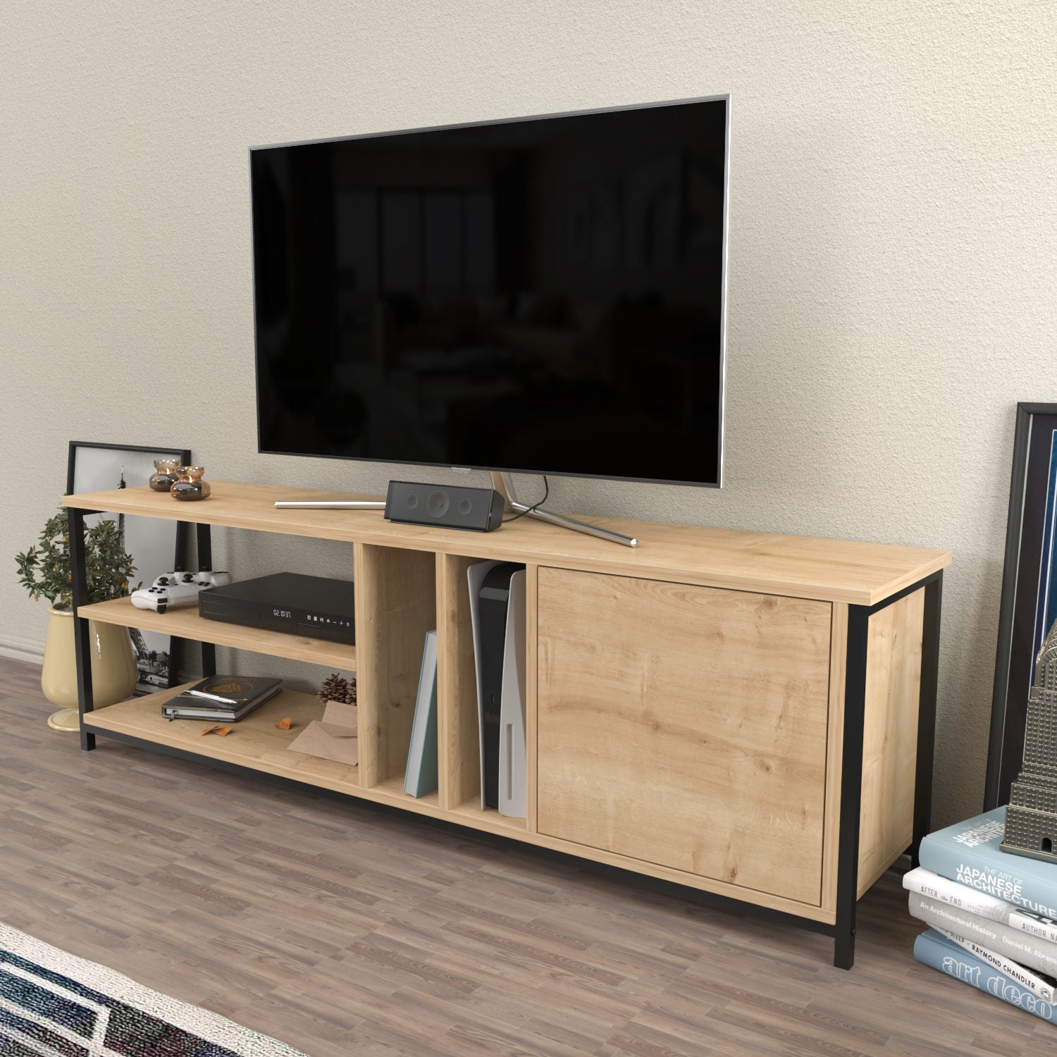Móvel de TV industrial, preto e carvalho, 140 cm x 35,3 cm x 50,8 cm | Painel de partículas 100% revestido de melamina, 18 mm de espessura | Elegante e durável para salas de estar modernas