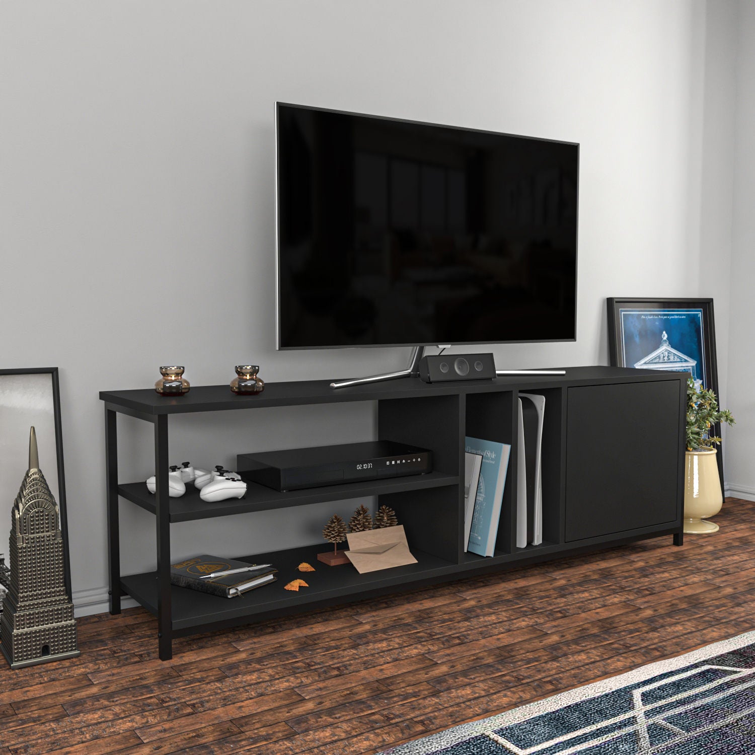Móvel de TV industrial, preto e antracite, 140 x 35,3 x 50,8 cm | Painel de partículas 100% revestido de melamina, 18 mm de espessura | Elegante e durável para salas de estar modernas