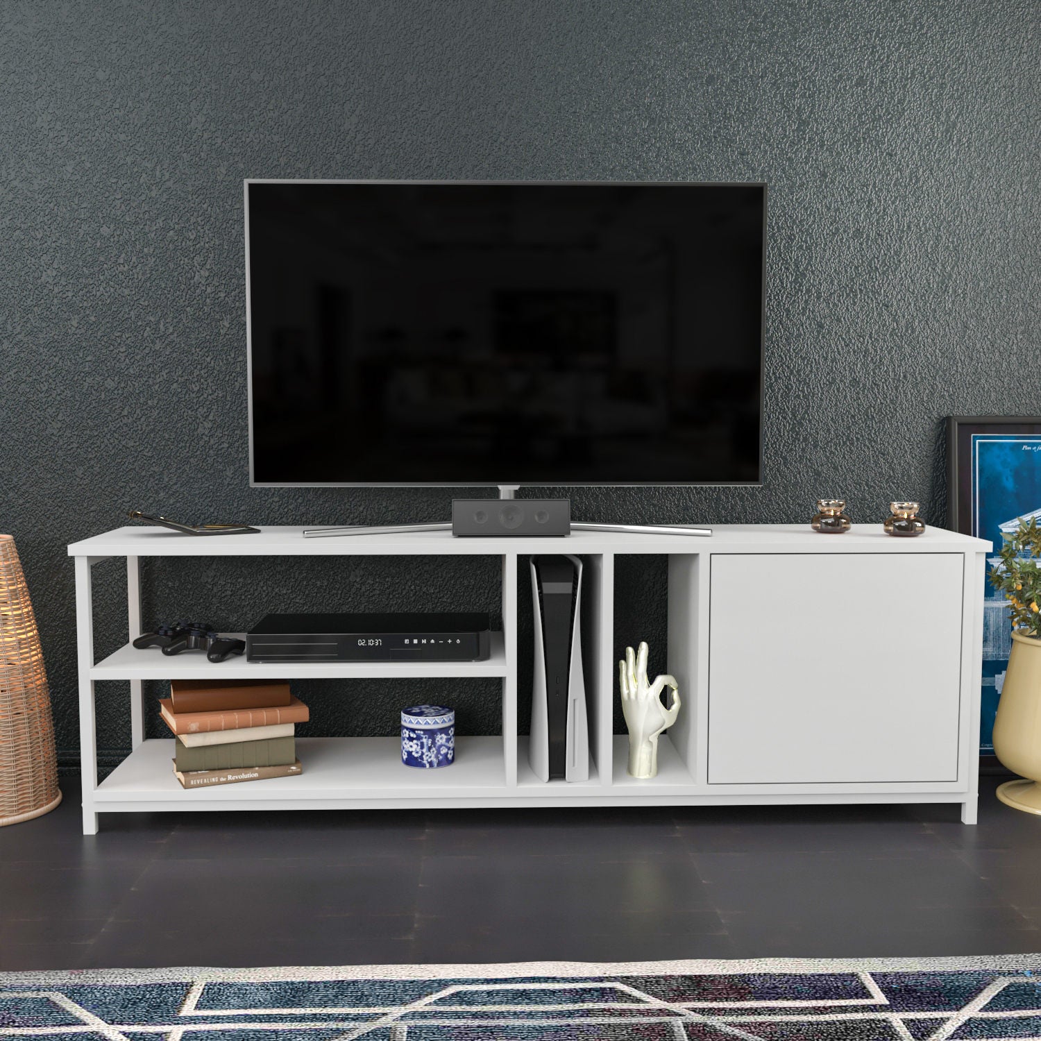 Móvel de TV escandinavo, branco, 140 x 35,3 x 50,8 cm | Painel de partículas 100% revestido de melamina, 18 mm de espessura | Elegante e funcional para salas de estar modernas