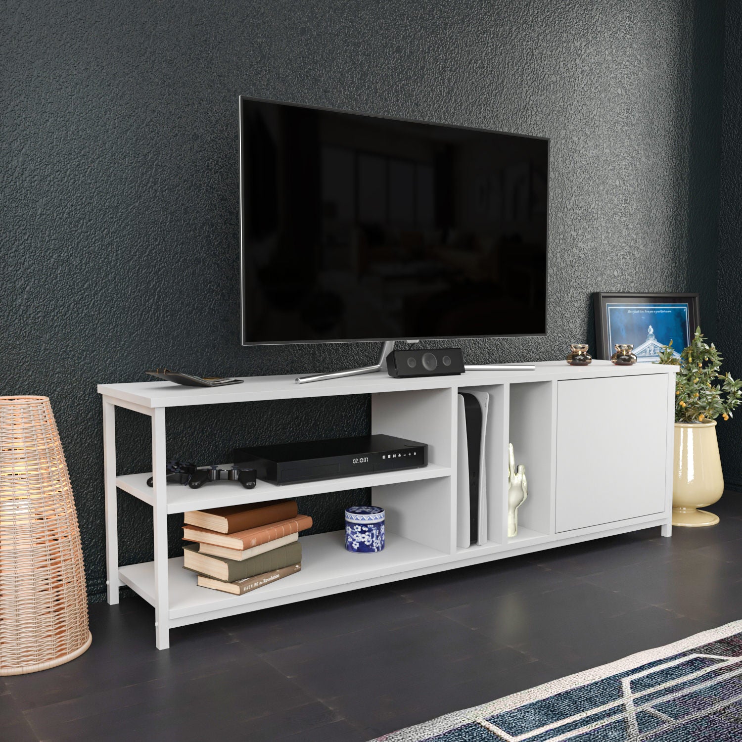 Móvel de TV escandinavo, branco, 140 x 35,3 x 50,8 cm | Painel de partículas 100% revestido de melamina, 18 mm de espessura | Elegante e funcional para salas de estar modernas
