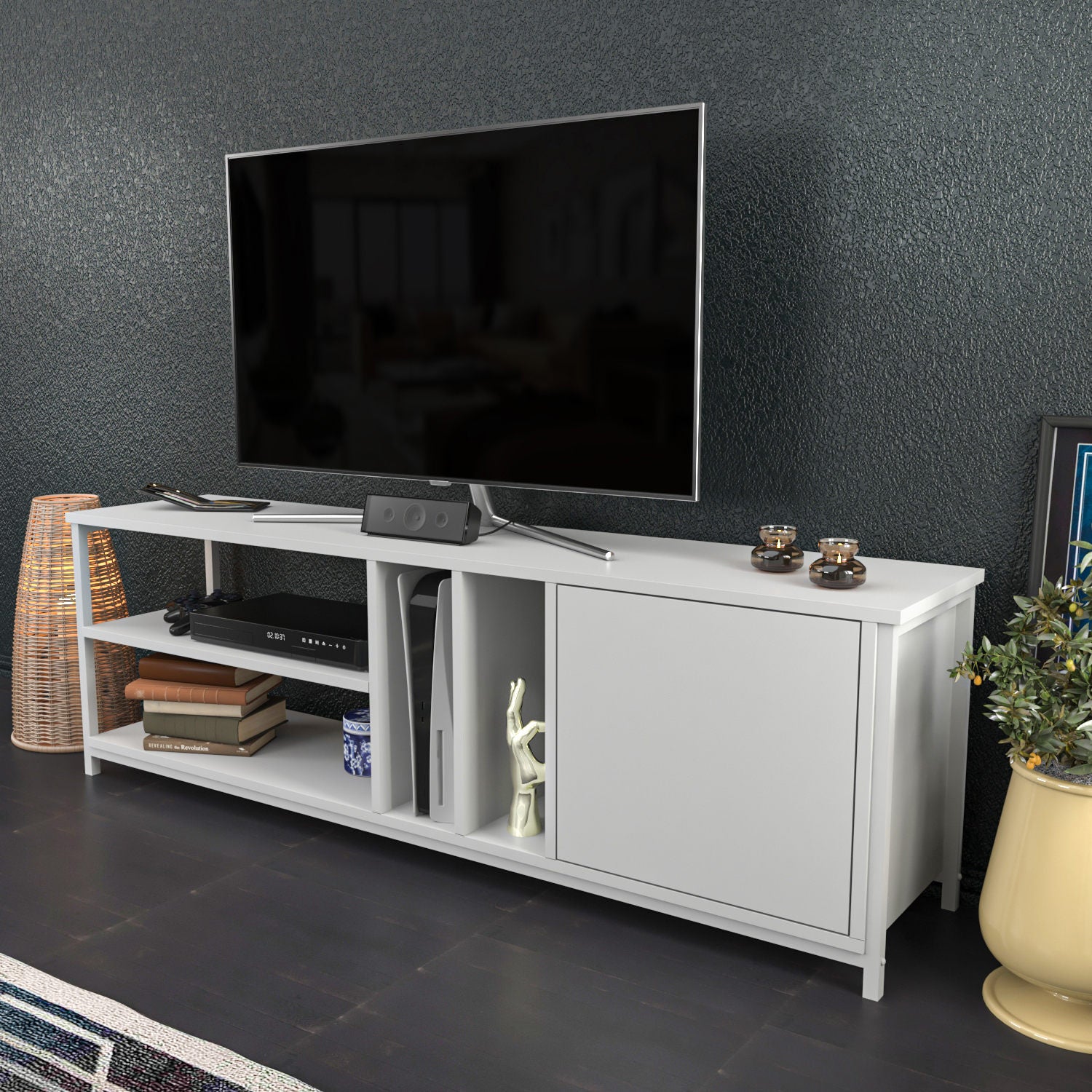 Móvel de TV escandinavo, branco, 140 x 35,3 x 50,8 cm | Painel de partículas 100% revestido de melamina, 18 mm de espessura | Elegante e funcional para salas de estar modernas