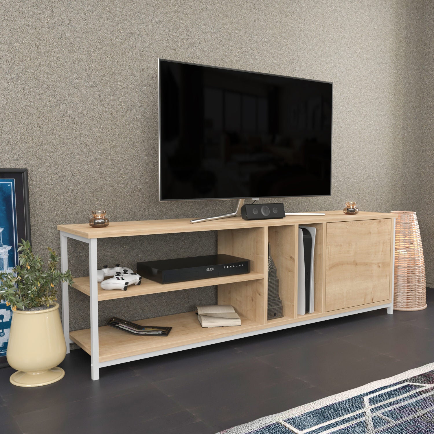 Móvel de TV escandinavo, branco e carvalho, 140 x 35,3 x 50,8 cm | Painel de partículas 100% revestido de melamina, 18 mm de espessura | Elegante e funcional para salas de estar modernas