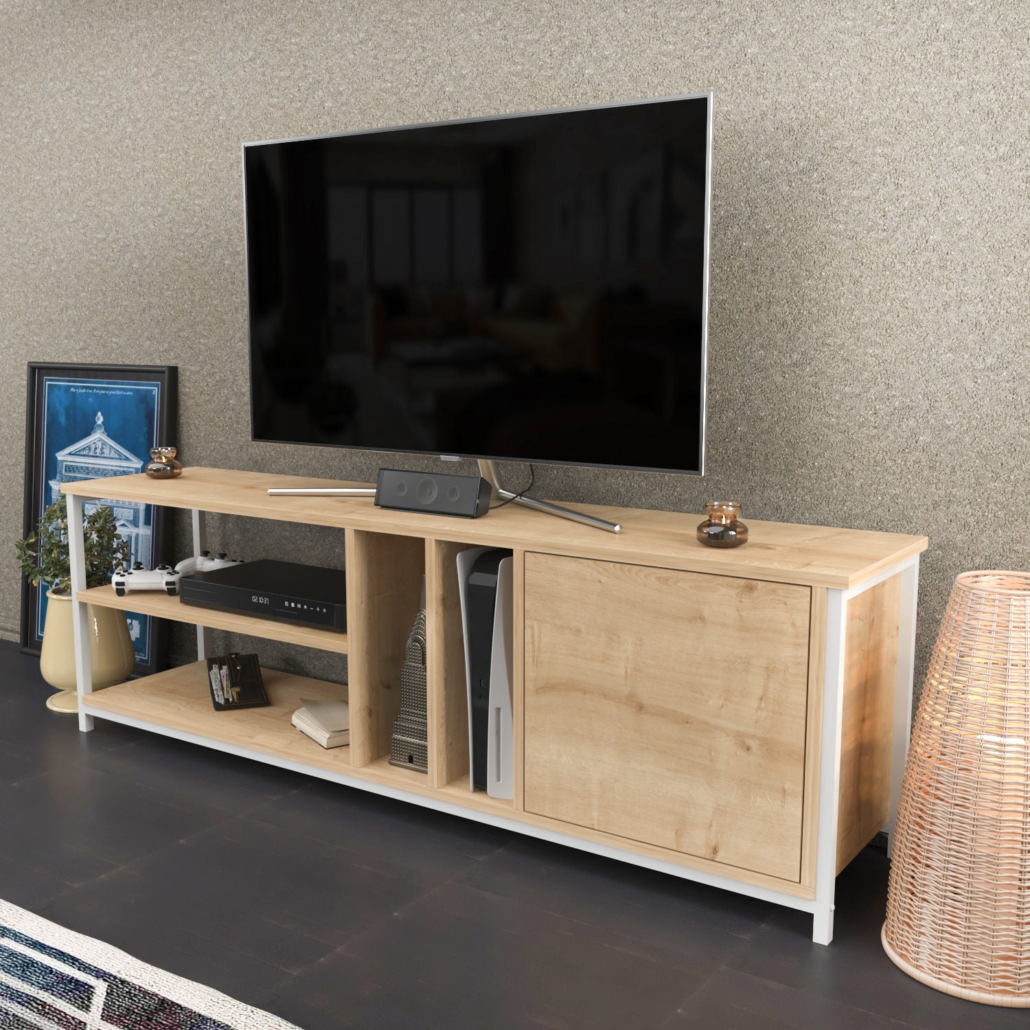 Móvel de TV escandinavo, branco e carvalho, 140 x 35,3 x 50,8 cm | Painel de partículas 100% revestido de melamina, 18 mm de espessura | Elegante e funcional para salas de estar modernas