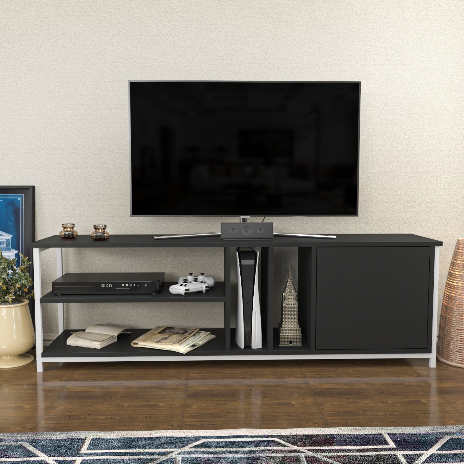 Móvel de TV elegante, branco e antracite, 140 x 35,3 x 50,8 cm | Painel de partículas 100% revestido de melamina, 18 mm de espessura | Design moderno para salas de estar e espaços de entretenimento