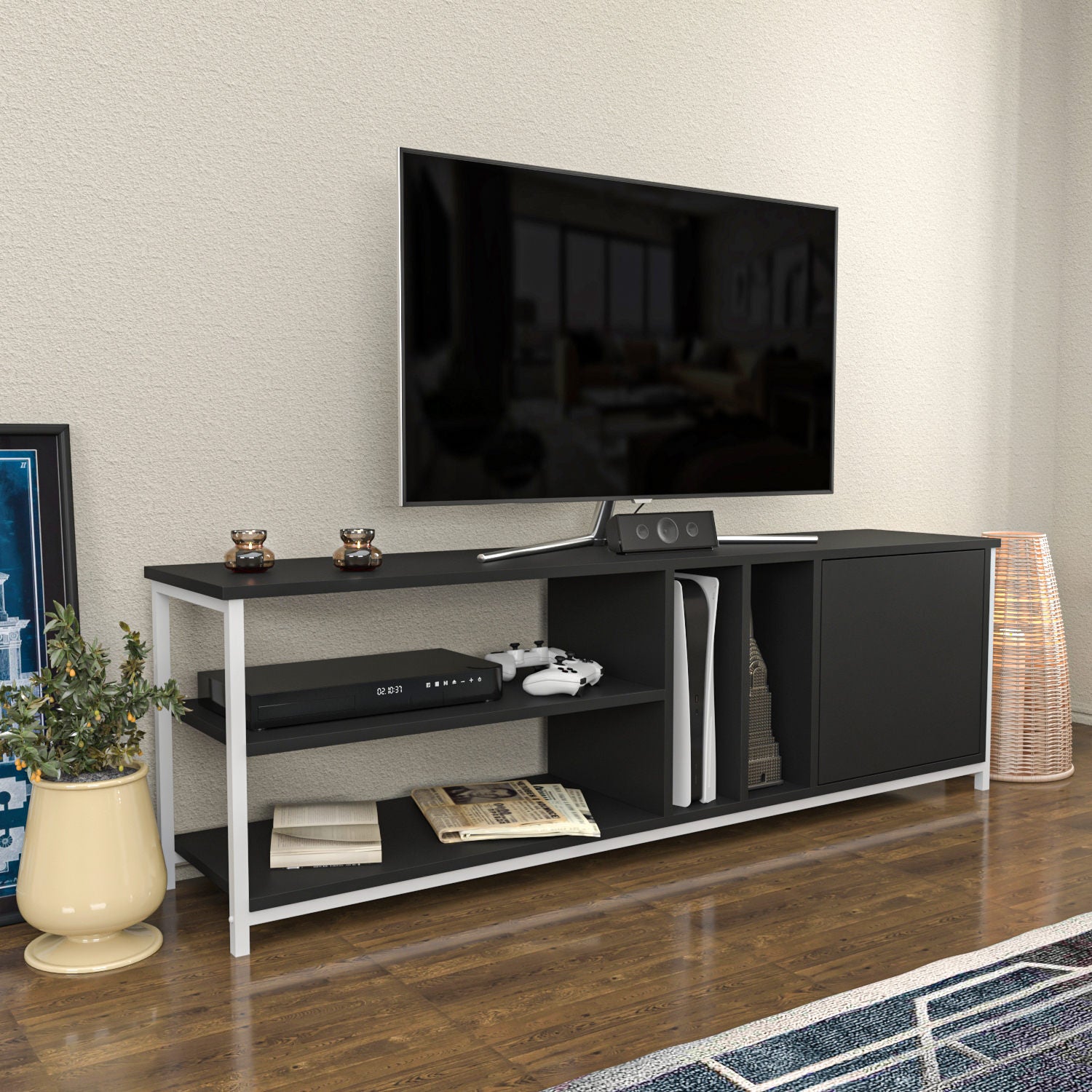 Móvel de TV elegante, branco e antracite, 140 x 35,3 x 50,8 cm | Painel de partículas 100% revestido de melamina, 18 mm de espessura | Design moderno para salas de estar e espaços de entretenimento