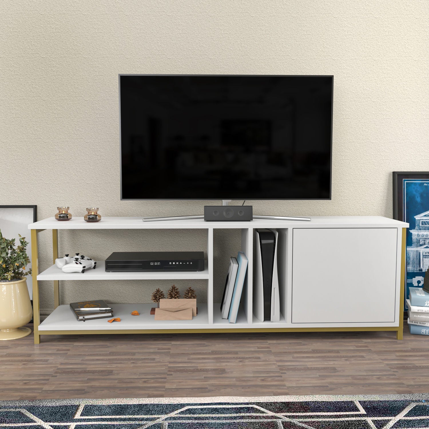 Elegante Móvel de TV dourado e branco, 140 cm x 35,3 cm x 50,8 cm | Painel de partículas 100% revestido de melamina, 18 mm de espessura | Armazenamento elegante para salas de estar modernas