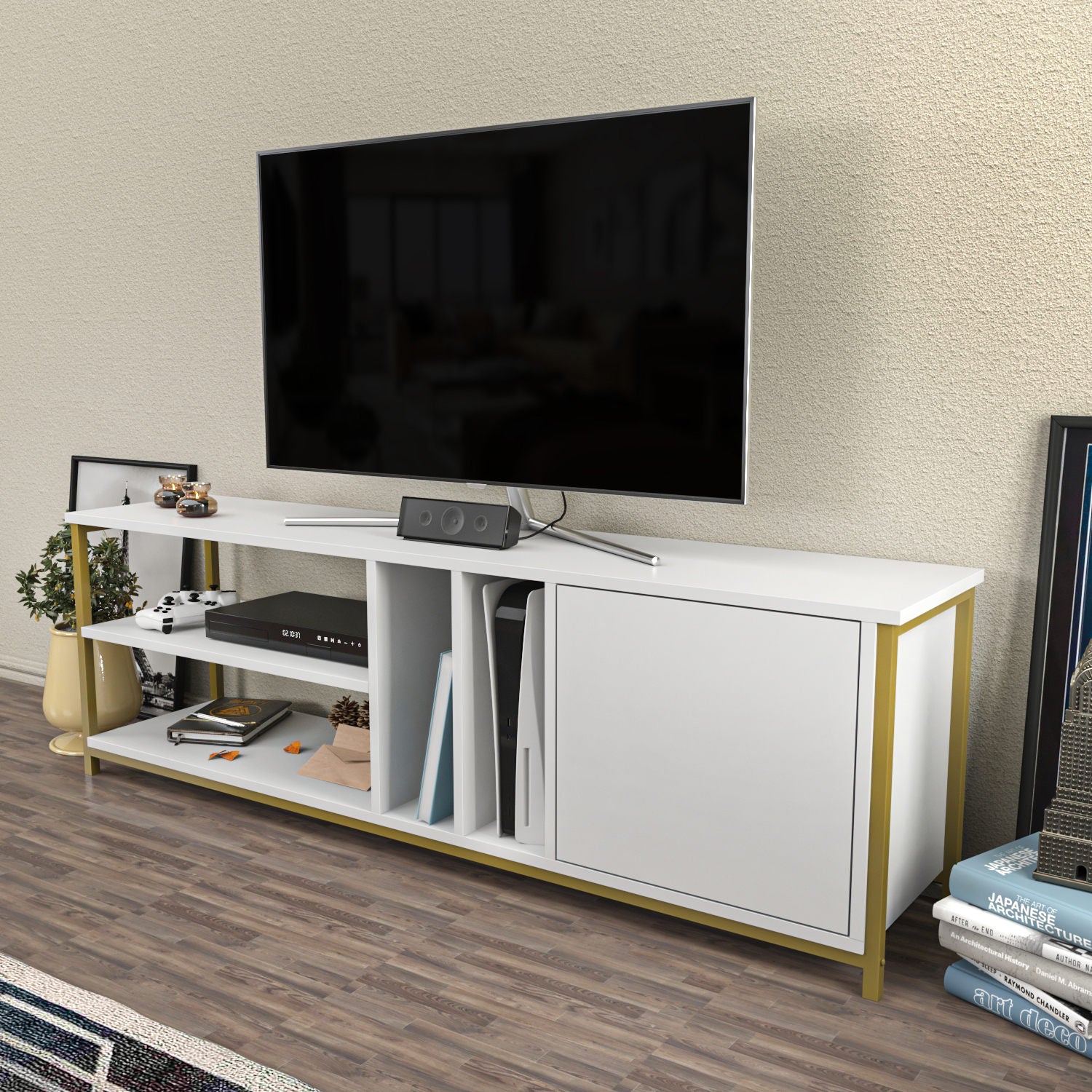 Elegante Móvel de TV dourado e branco, 140 cm x 35,3 cm x 50,8 cm | Painel de partículas 100% revestido de melamina, 18 mm de espessura | Armazenamento elegante para salas de estar modernas