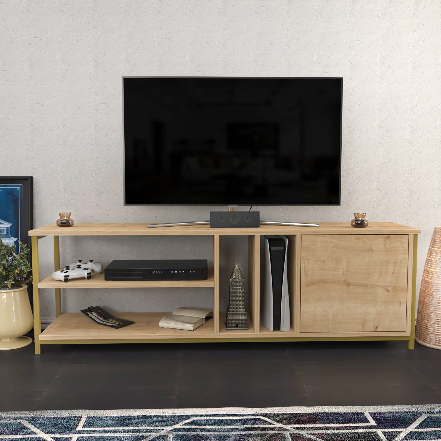 Móvel de TV Glamouroso, Dourado e Carvalho, 140 x 35,3 x 50,8 cm | Painel de partículas 100% revestido em melamina, 18 mm de espessura | Elegante e funcional para salas de estar modernas