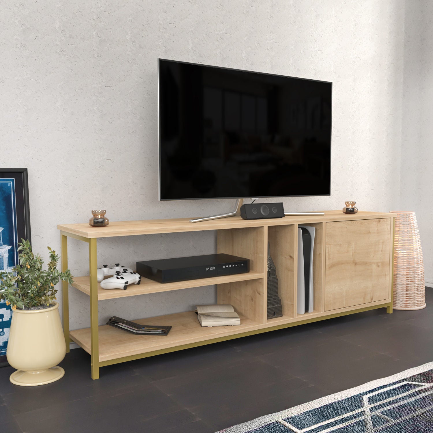Móvel de TV Glamouroso, Dourado e Carvalho, 140 x 35,3 x 50,8 cm | Painel de partículas 100% revestido em melamina, 18 mm de espessura | Elegante e funcional para salas de estar modernas