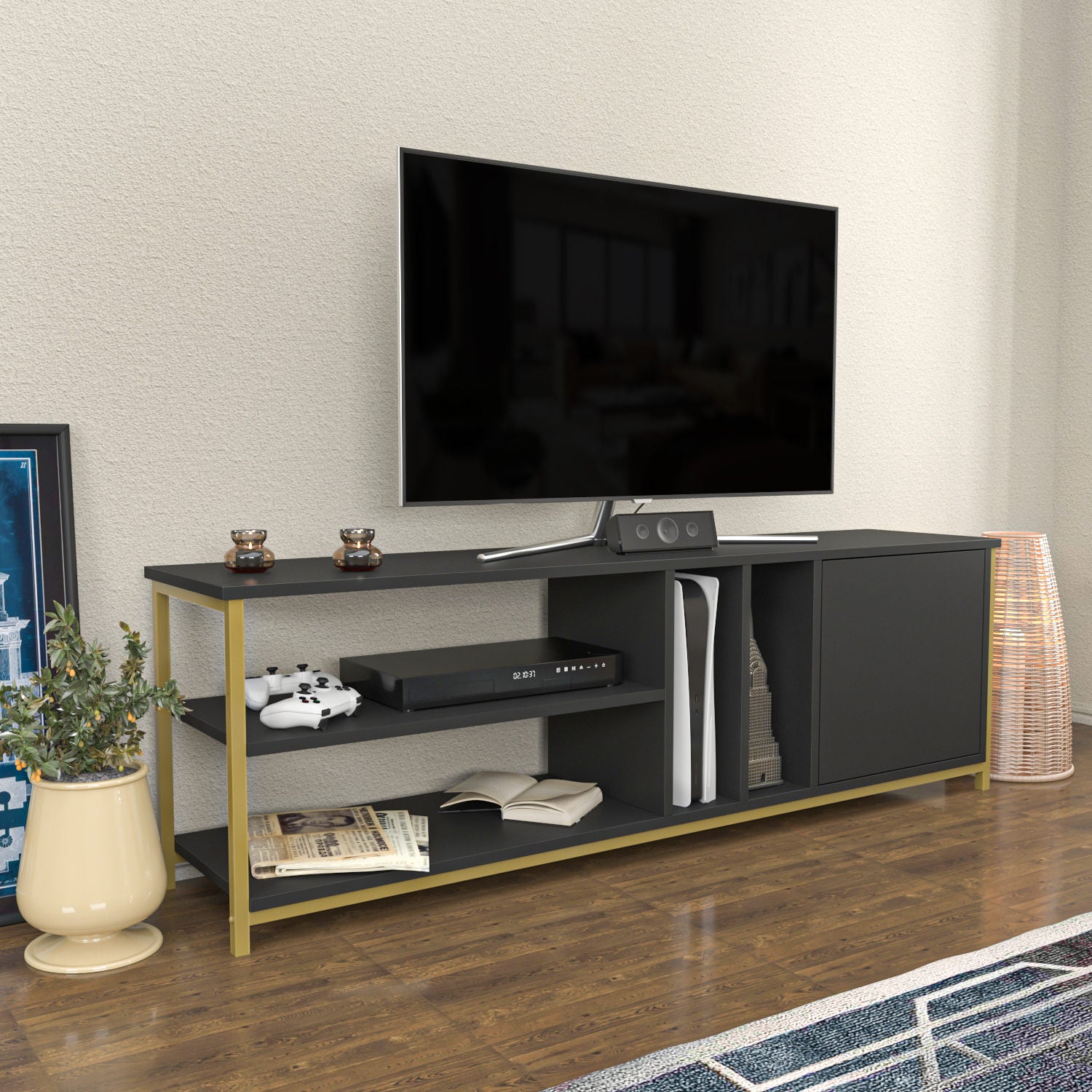 Móvel de TV Glamouroso, Dourado e Antracite, 140 x 35,3 x 50,8 cm | Painel de partículas 100% revestido em melamina, 18 mm de espessura | Elegante e funcional para salas de estar modernas