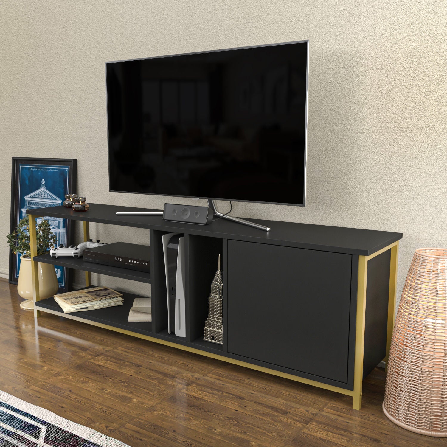 Móvel de TV Glamouroso, Dourado e Antracite, 140 x 35,3 x 50,8 cm | Painel de partículas 100% revestido em melamina, 18 mm de espessura | Elegante e funcional para salas de estar modernas