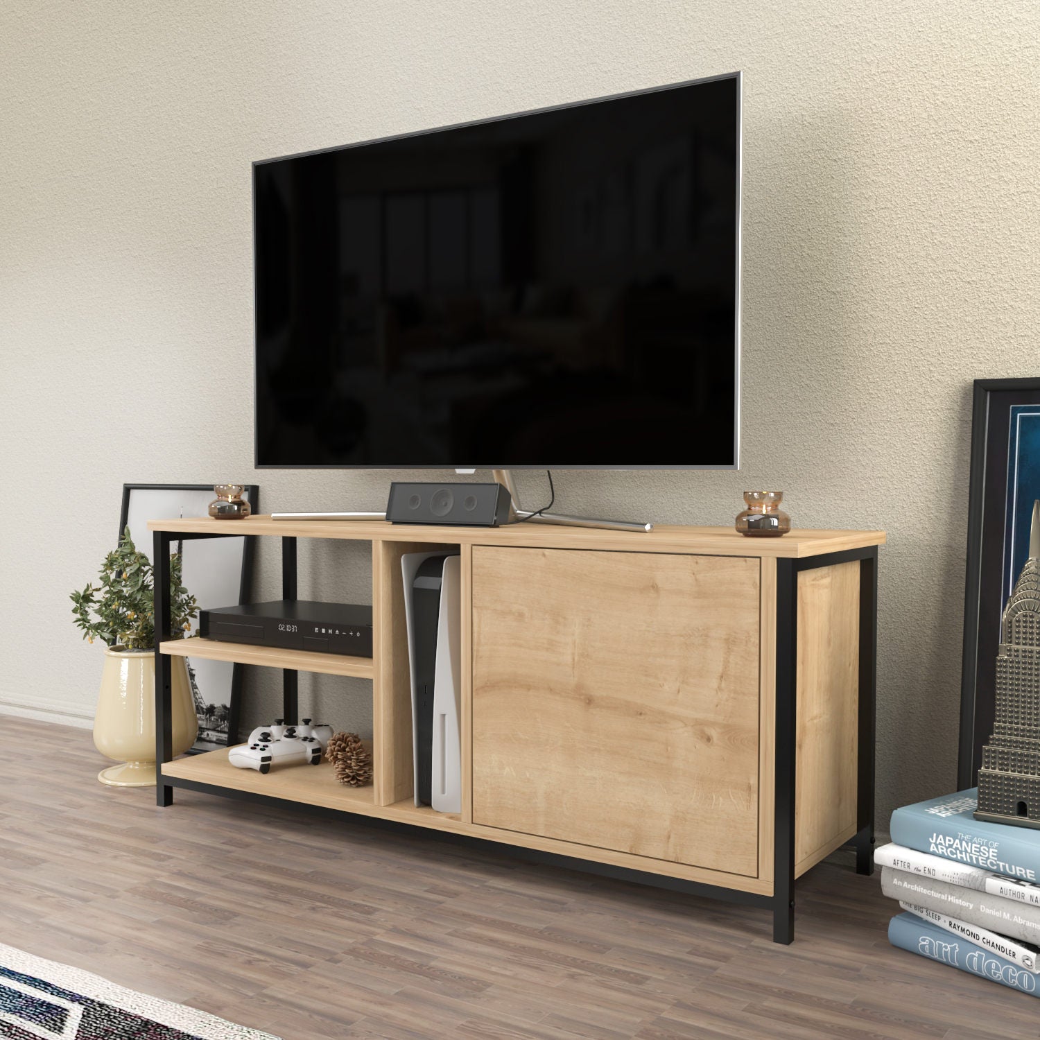 Móvel de TV industrial, preto e carvalho, 120 x 35,3 x 50,8 cm | Painel de partículas 100% revestido em melamina, 18 mm de espessura | Elegante e funcional para salas de estar modernas