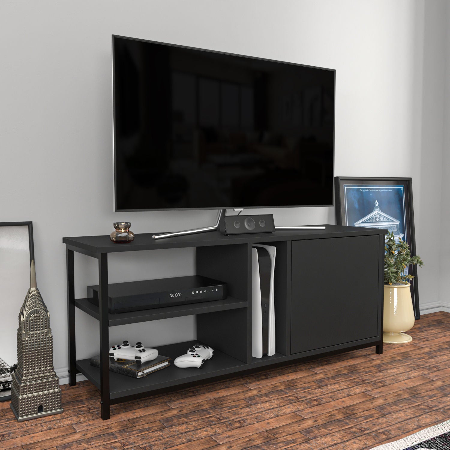 Móvel de TV industrial, preto e antracite, 120 x 35,3 x 50,8 cm | Painel de partículas 100% revestido de melamina, 18 mm de espessura | Elegante e durável para salas de estar modernas