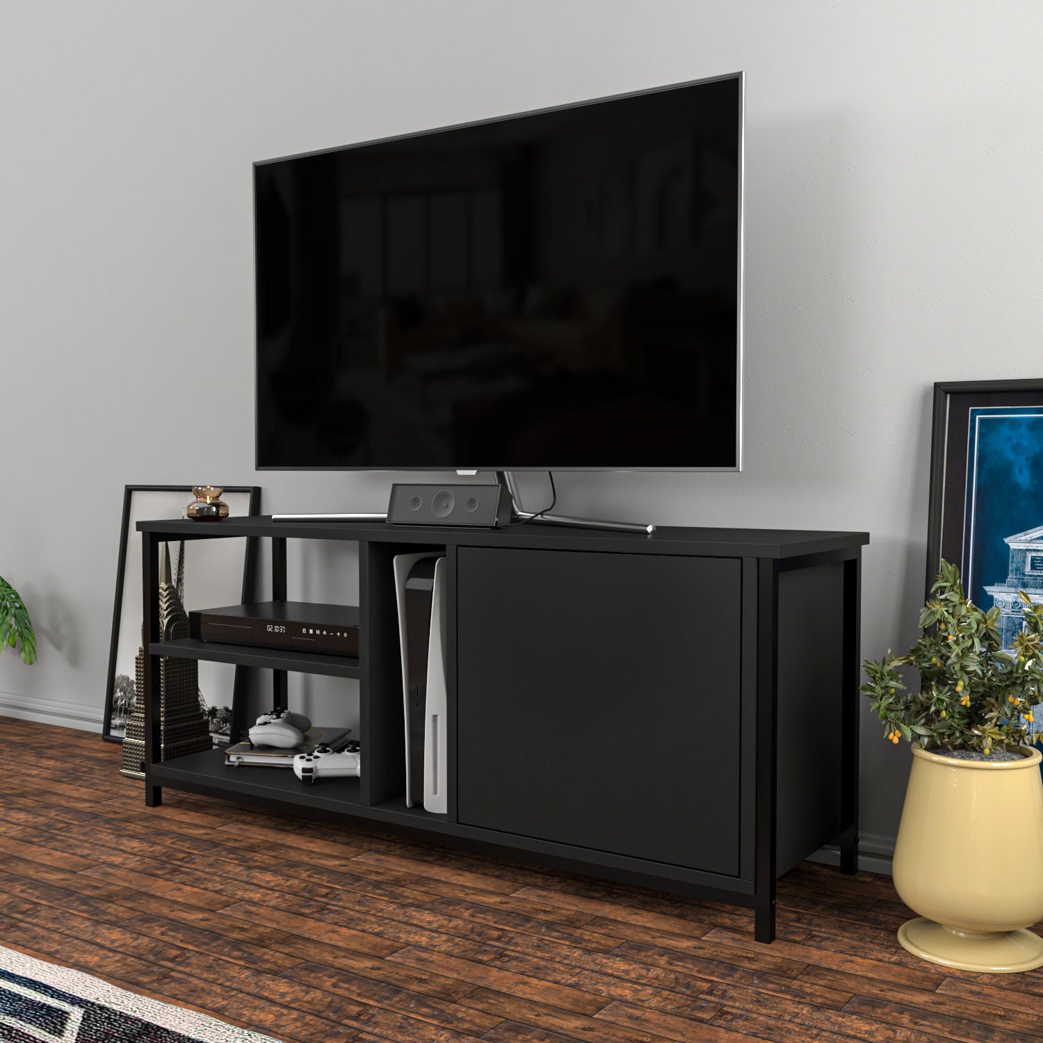 Móvel de TV industrial, preto e antracite, 120 x 35,3 x 50,8 cm | Painel de partículas 100% revestido de melamina, 18 mm de espessura | Elegante e durável para salas de estar modernas