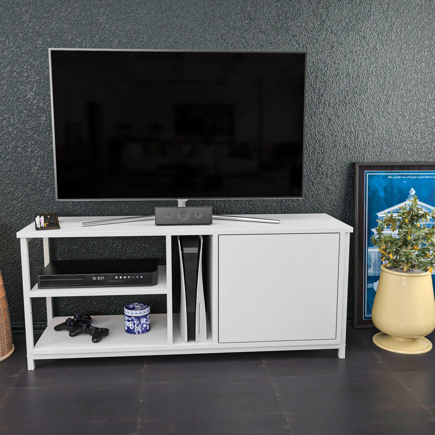 Móvel de TV escandinavo, branco, 120 x 35,3 x 50,8 cm | Painel de partículas 100% revestido de melamina, 18 mm de espessura | Elegante e funcional para salas de estar modernas