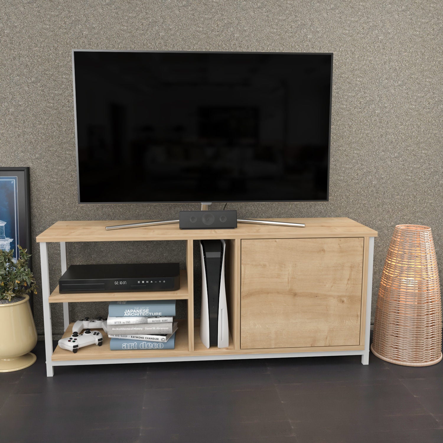 Móvel de TV escandinavo, branco e carvalho, 120 x 35,3 x 50,8 cm | Painel de partículas 100% revestido de melamina, 18 mm de espessura | Elegante e funcional para salas de estar modernas