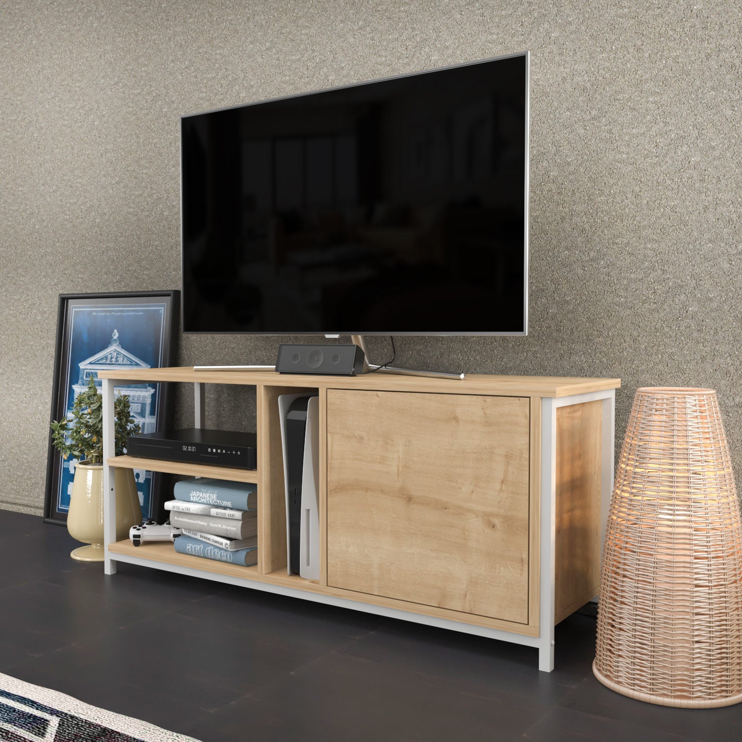 Móvel de TV escandinavo, branco e carvalho, 120 x 35,3 x 50,8 cm | Painel de partículas 100% revestido de melamina, 18 mm de espessura | Elegante e funcional para salas de estar modernas