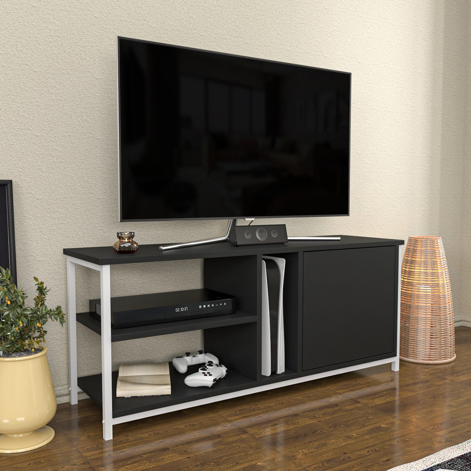 Móvel de TV elegante, 120 cm de largura, branco e antracite | Painel de partículas 100% revestido de melamina, 18 mm de espessura | Design moderno para salas de estar e espaços de entretenimento