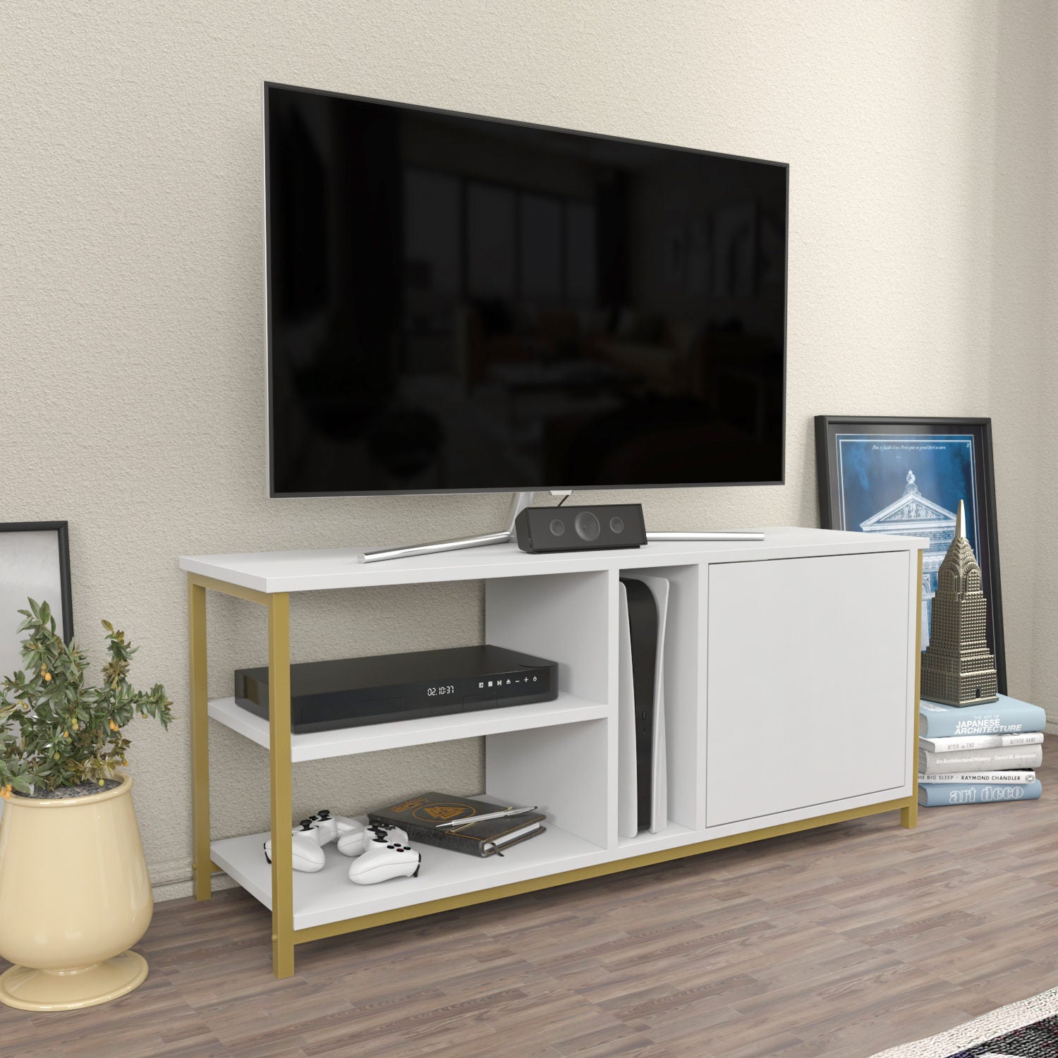 Móvel de TV Glamouroso, Dourado e Branco, 120 x 35,3 x 50,8 cm | Painel de partículas 100% revestido em melamina, 18 mm de espessura | Elegante e funcional para salas de estar modernas