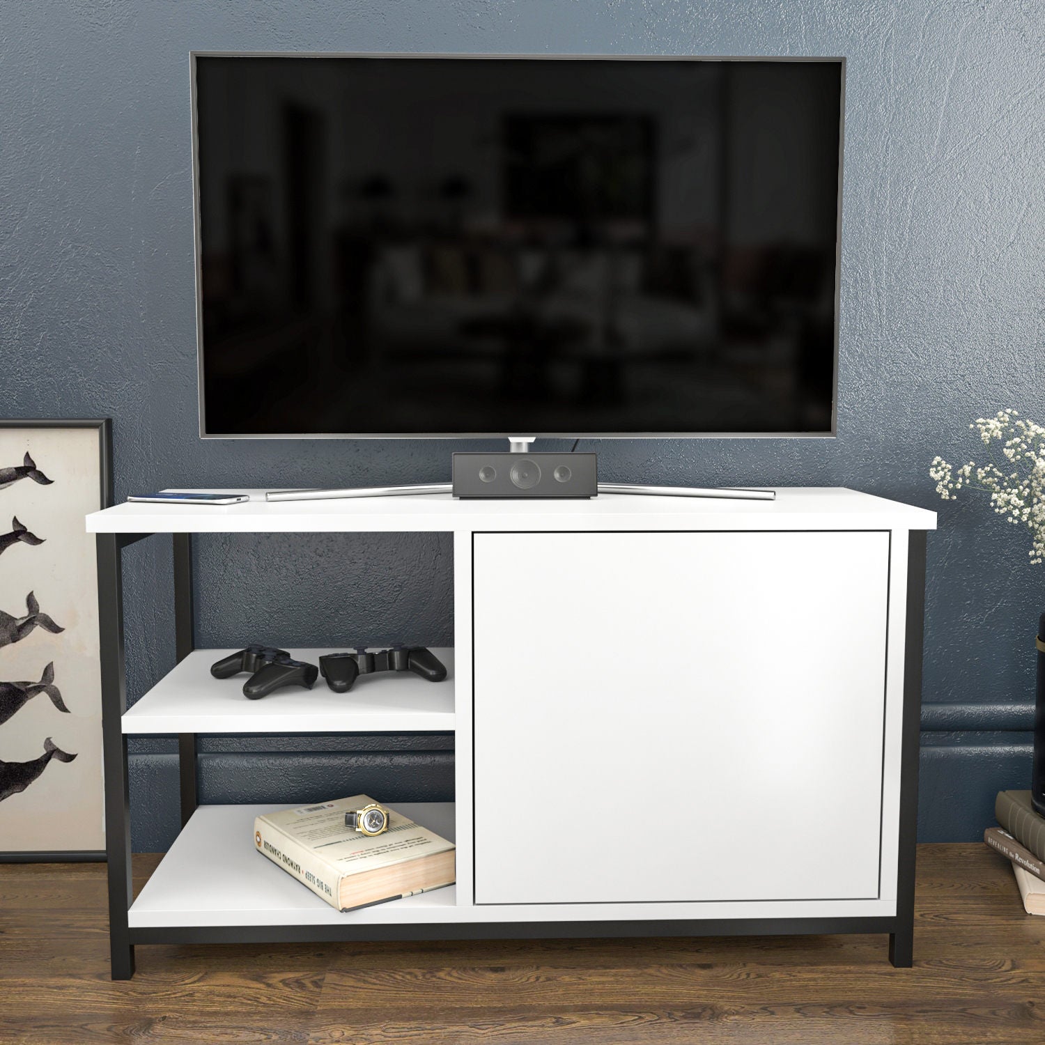 Móvel de TV elegante, preto e branco, 89,6 x 35,3 x 50,8 cm | Painel de partículas 100% revestido de melamina e estrutura de metal, 18 mm de espessura | Design moderno para sala de estar