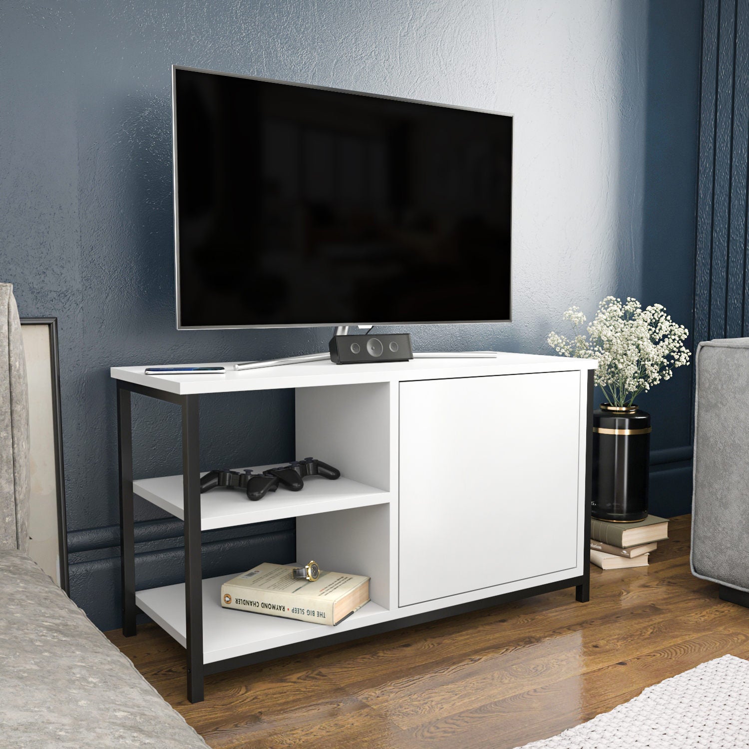 Móvel de TV elegante, preto e branco, 89,6 x 35,3 x 50,8 cm | Painel de partículas 100% revestido de melamina e estrutura de metal, 18 mm de espessura | Design moderno para sala de estar