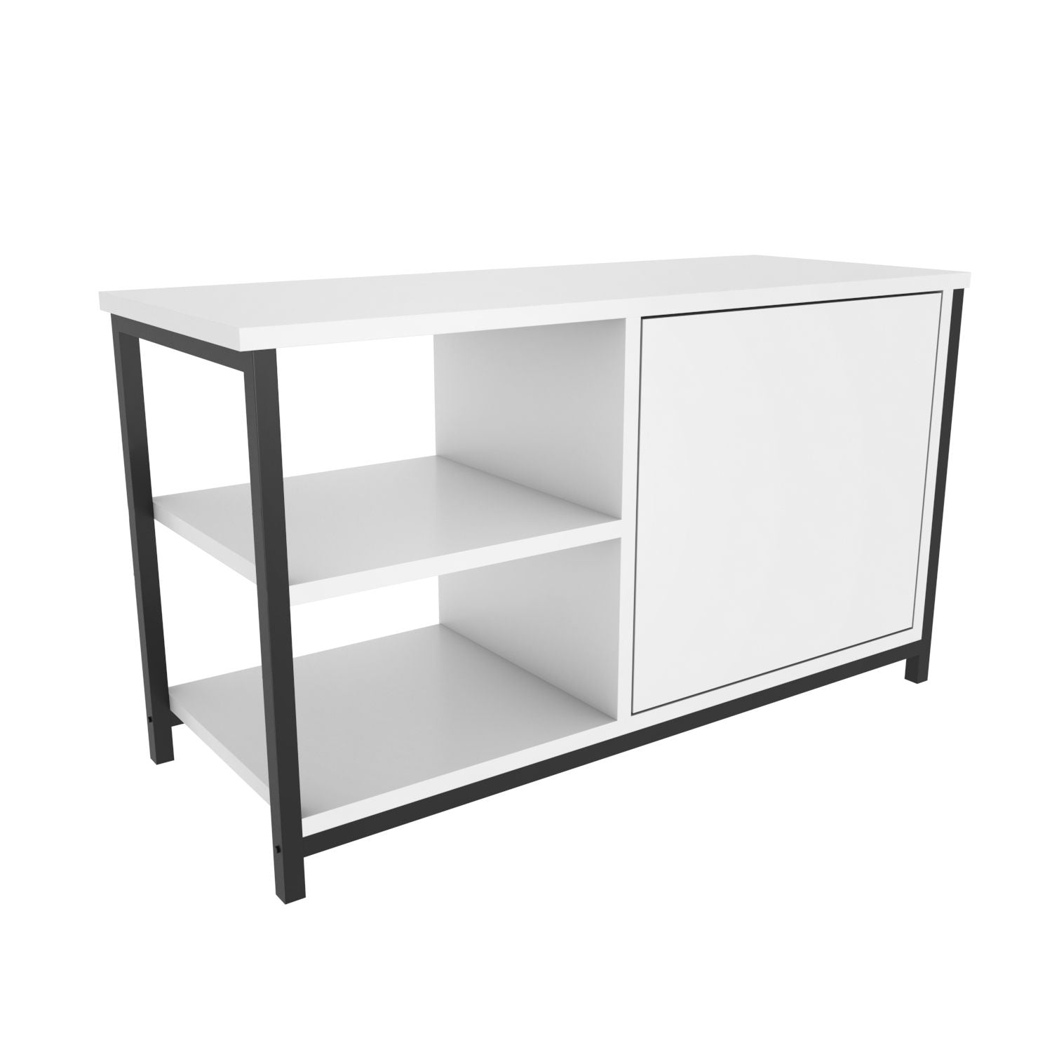 Móvel de TV elegante, preto e branco, 89,6 x 35,3 x 50,8 cm | Painel de partículas 100% revestido de melamina e estrutura de metal, 18 mm de espessura | Design moderno para sala de estar