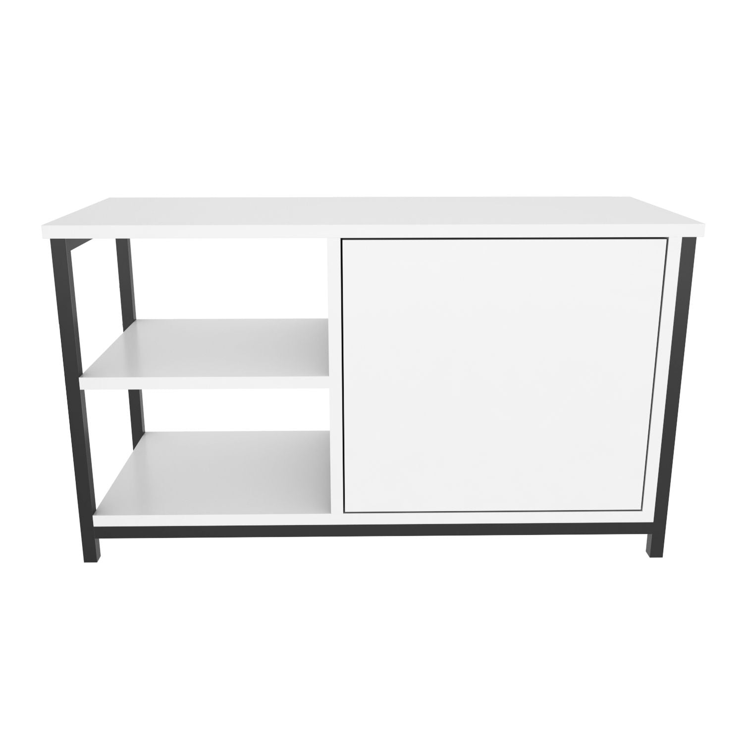 Móvel de TV elegante, preto e branco, 89,6 x 35,3 x 50,8 cm | Painel de partículas 100% revestido de melamina e estrutura de metal, 18 mm de espessura | Design moderno para sala de estar
