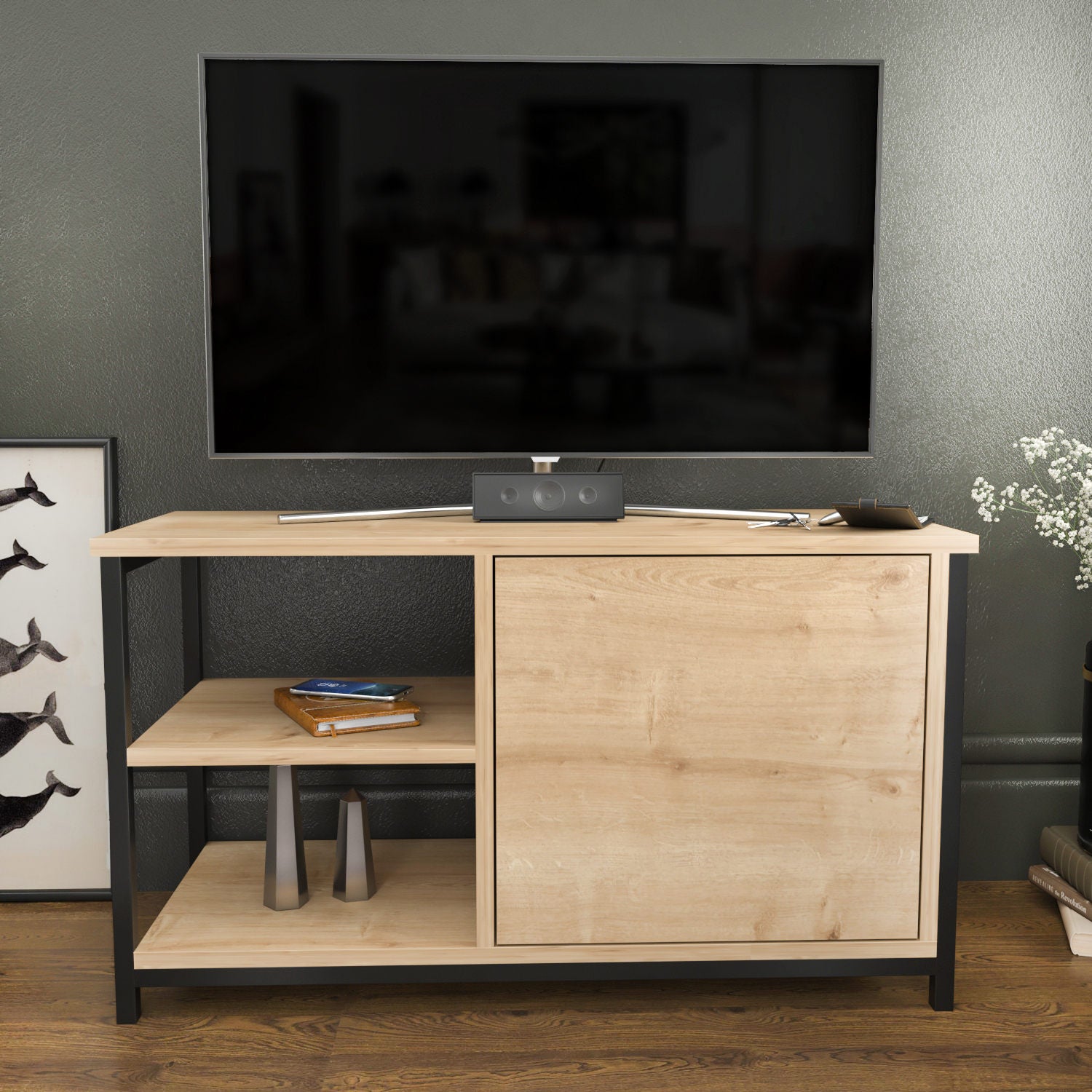 Móvel de TV industrial, preto e carvalho, 89,6 x 35,3 x 50,8 cm | Painel de partículas 100% revestido de melamina, 18 mm de espessura, estrutura de metal resistente | Design elegante e funcional