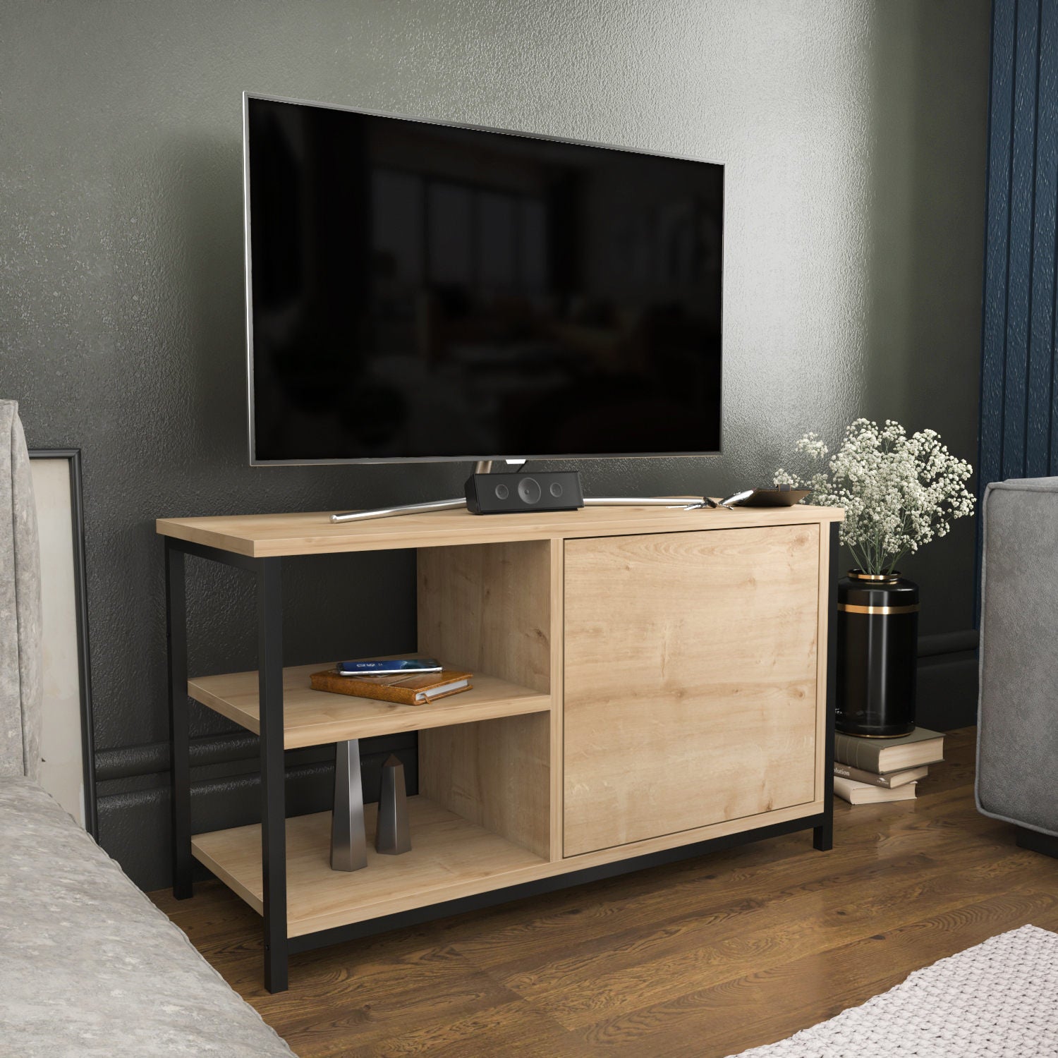 Móvel de TV industrial, preto e carvalho, 89,6 x 35,3 x 50,8 cm | Painel de partículas 100% revestido de melamina, 18 mm de espessura, estrutura de metal resistente | Design elegante e funcional
